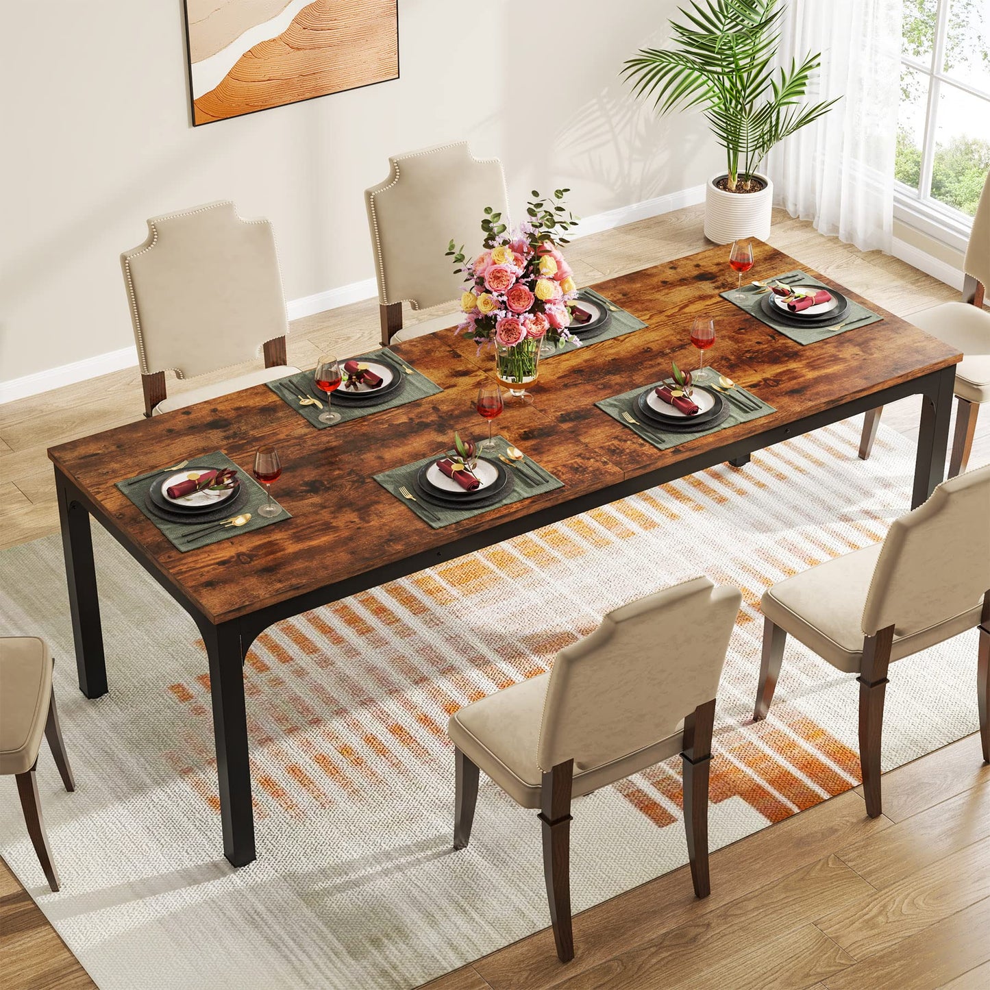 Tribesigns Dining Table, Industrial Kitchen Table for 4-6 People, 200 x 70 x 75 cm, Rectangular Dining Table for Dining Room, Kitchen, Living Room, with Heavy Duty Metal Legs, Oak