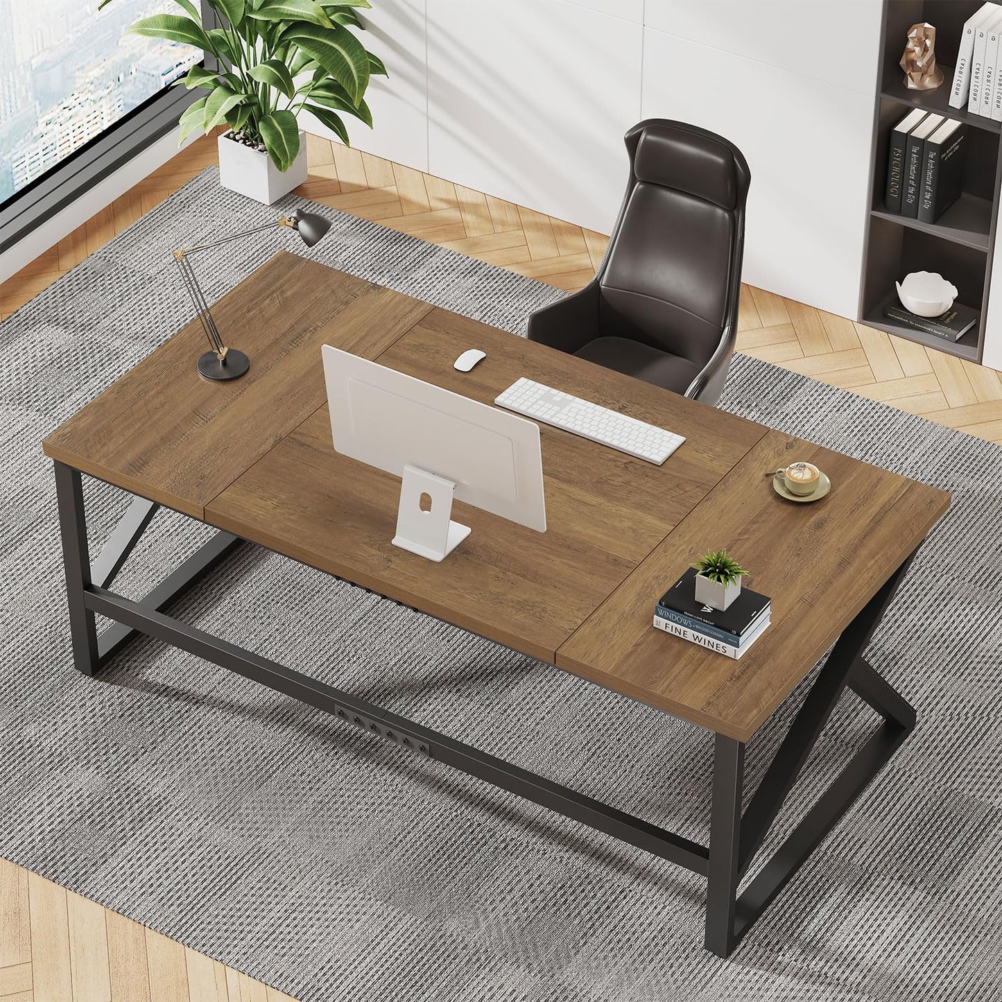IBF Desk in Brown Colour with a Length of 70 Inches, Industrial Large Double Metal and Wood Desk for Computer, Long Office Table for Home