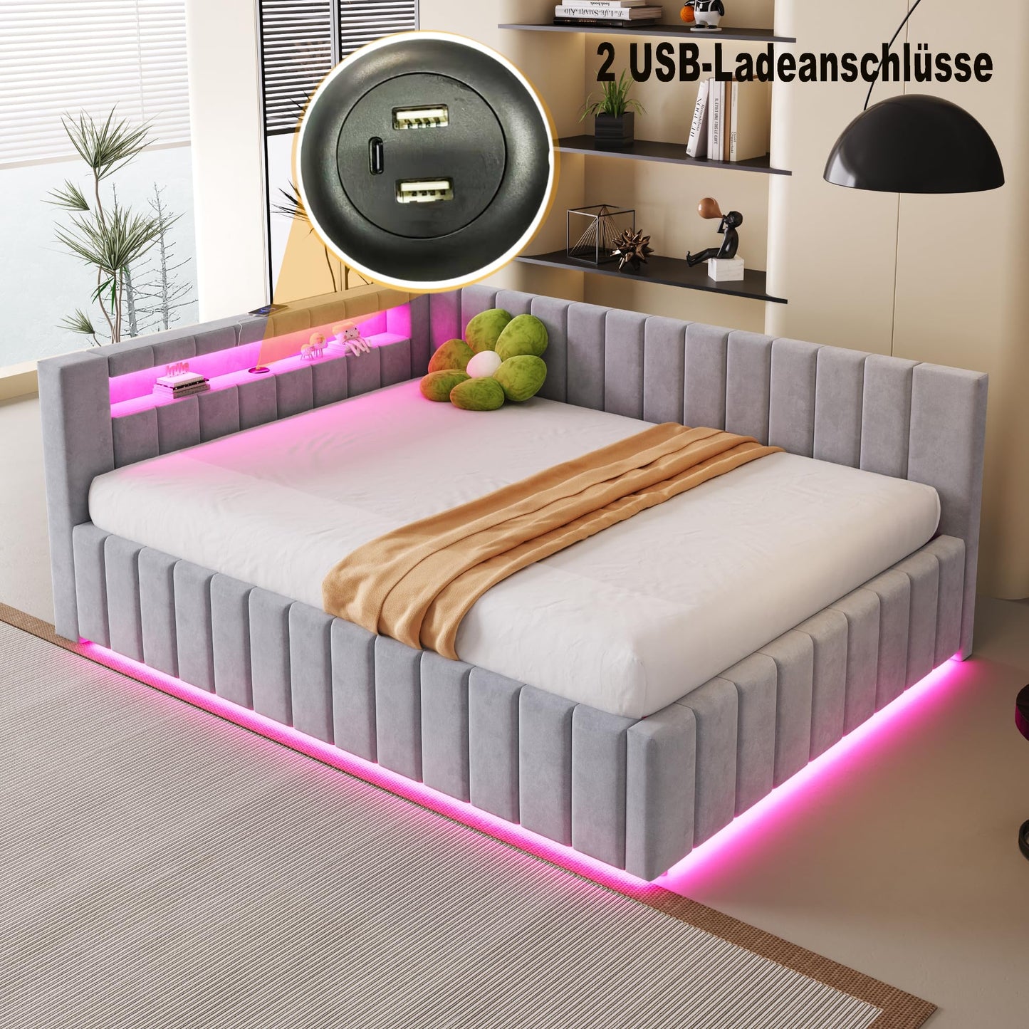 KEYIDE Upholstered Sofa Bed, 140 x 200 cm with LED Lighting and USB Charging, Bed Frame with Wooden Slatted Frame, Day Bed, Guest Bed, Youth Bed, Velvet Fabric, Without Mattress (Grey, 140 x 200)