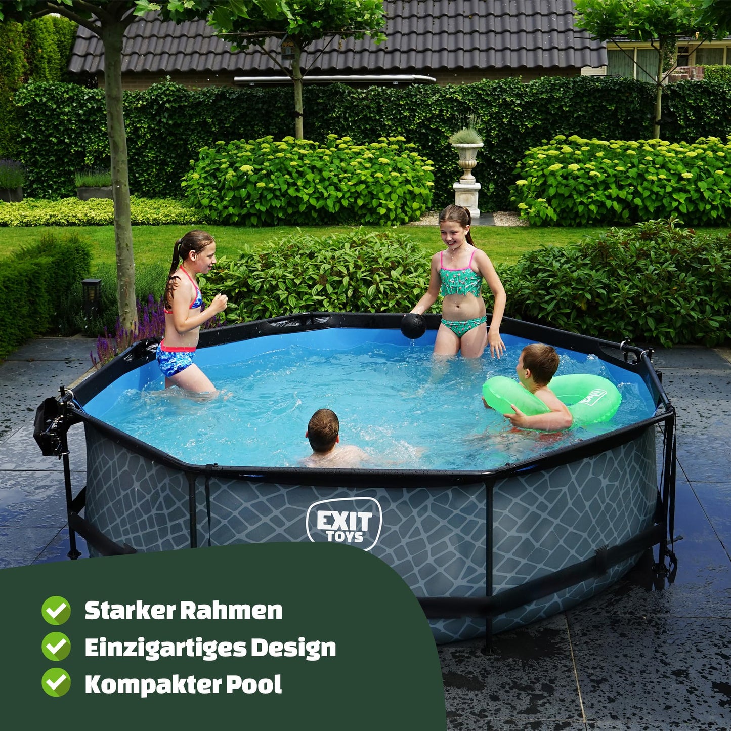 EXIT Toys Soft Grey Pool - 300x200x65cm - Rechteckiger, Kompakter Rahmenpool mit Kartuschenfilterpumpe - Leicht Zugänglich - Für Kleinkinder Geeignet - Starker Rahmen - Einzigartiges Design - Grau