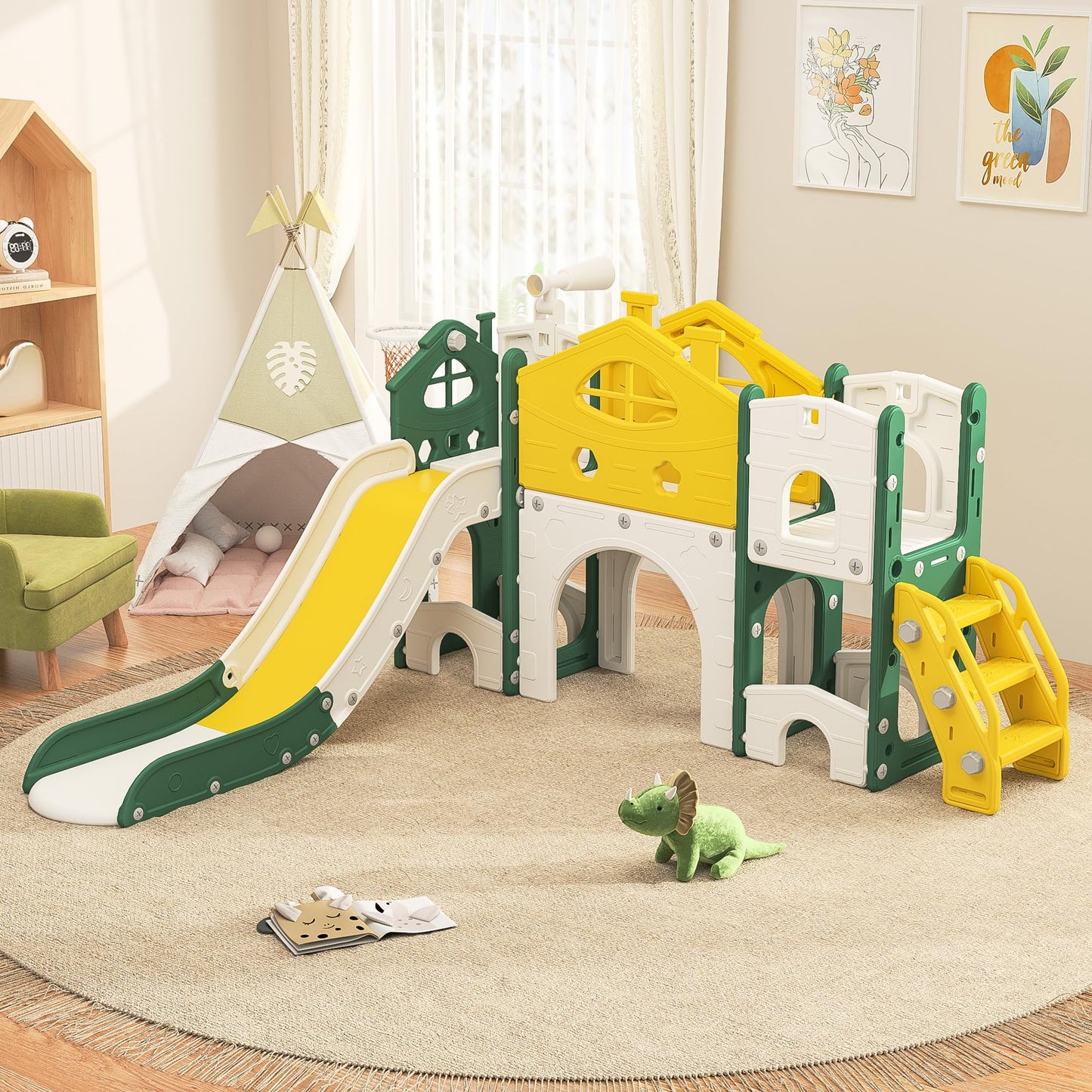 Kinderrutsche, Babyschaukel, 4 in 1, mit Schaukeln, Treppen, Gleiten, Basketballgestellen, Spielplatz für drinnen und draußen, multifunktionale Rutsche (Rosa, Kaninchen)