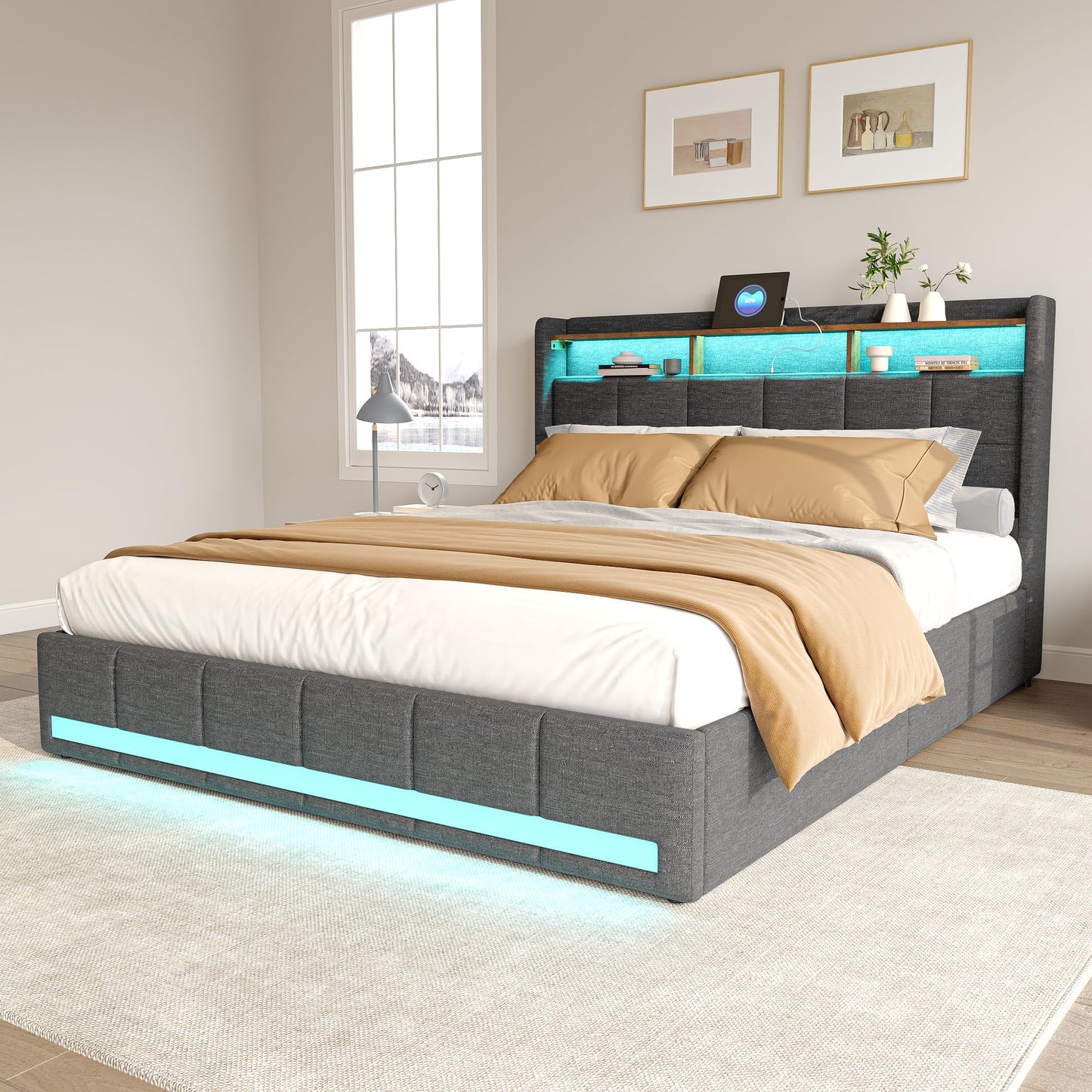 KeepGoon Doppelbett 140 x 200 cm,Polsterbett mit LED-Leuchten, 4 Eisenschubladen und einem USB Ladeanschluss,Stauraumbetten Bettgestell,Leinenstoff (Beige)
