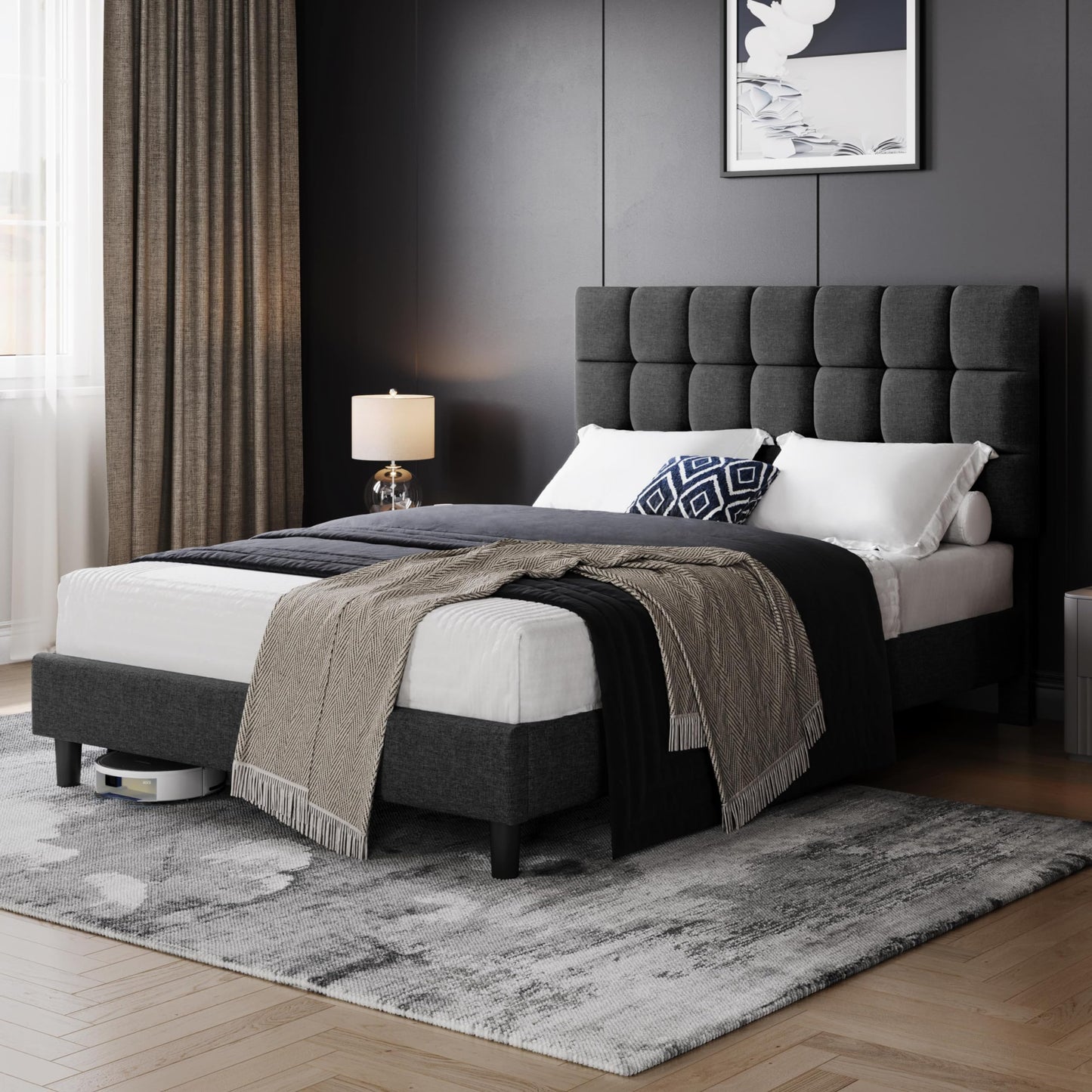 Yaheetech Upholstered Bed 140 x 200 cm Double Bed with Height-Adjustable Headboard, Sturdy Bed Frame, Fabric Bed with Slatted Frame, Padded Bed Frame, Youth Bed, Dark Grey