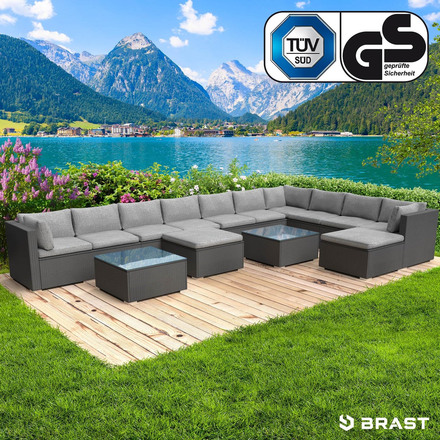 BRAST® Gartenmöbel Lounge Set XXL | 8-12 Personen viele Modelle & Farben | inkl. extra Dicke Kissen | TÜV geprüft | Outdoor Loungemöbel Sitzgruppe Essgruppe Garnitur | Dreams Grau