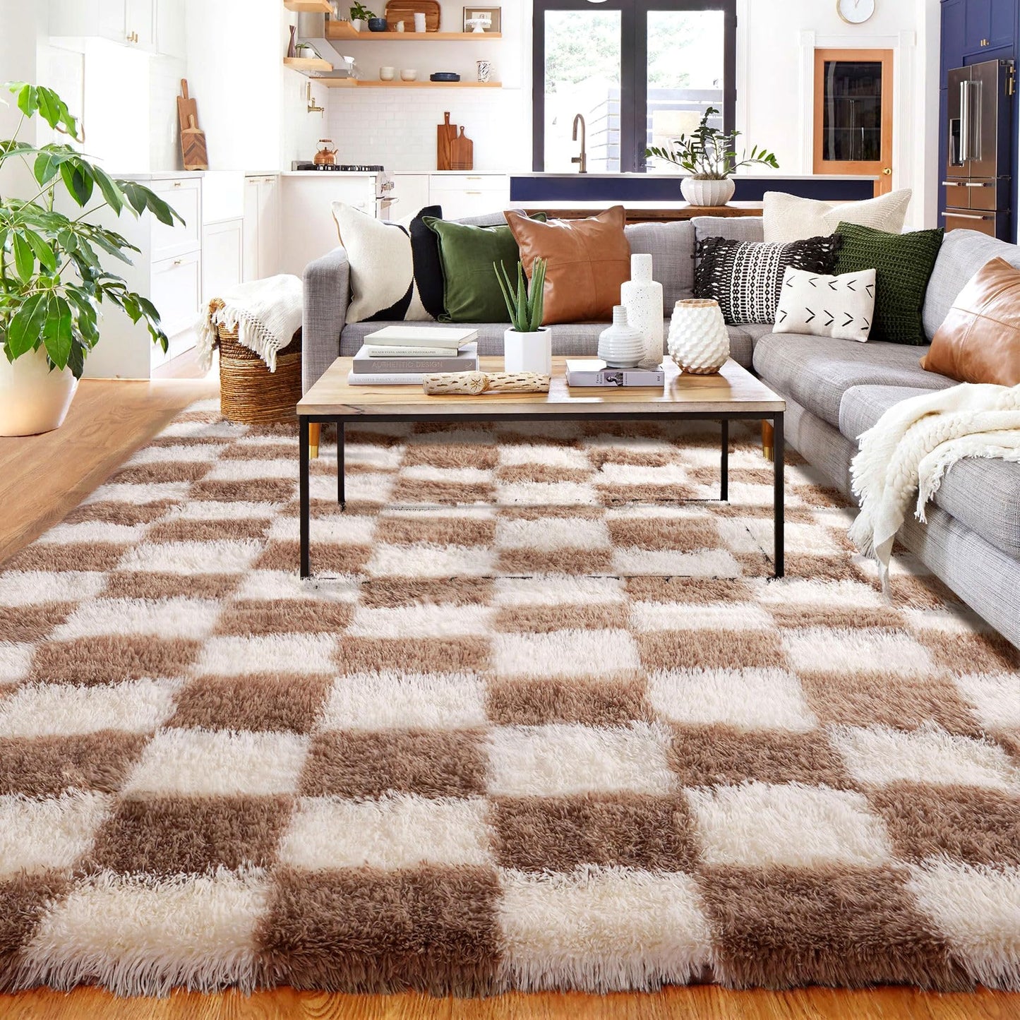 BYBSRLL Checked Rug Pink and White 120 x 180 cm High Pile Soft Fluffy Cuddly Rug Washable Rug Living Room Bedroom Children's Room Girls Non-Slip Rugs for Living Room