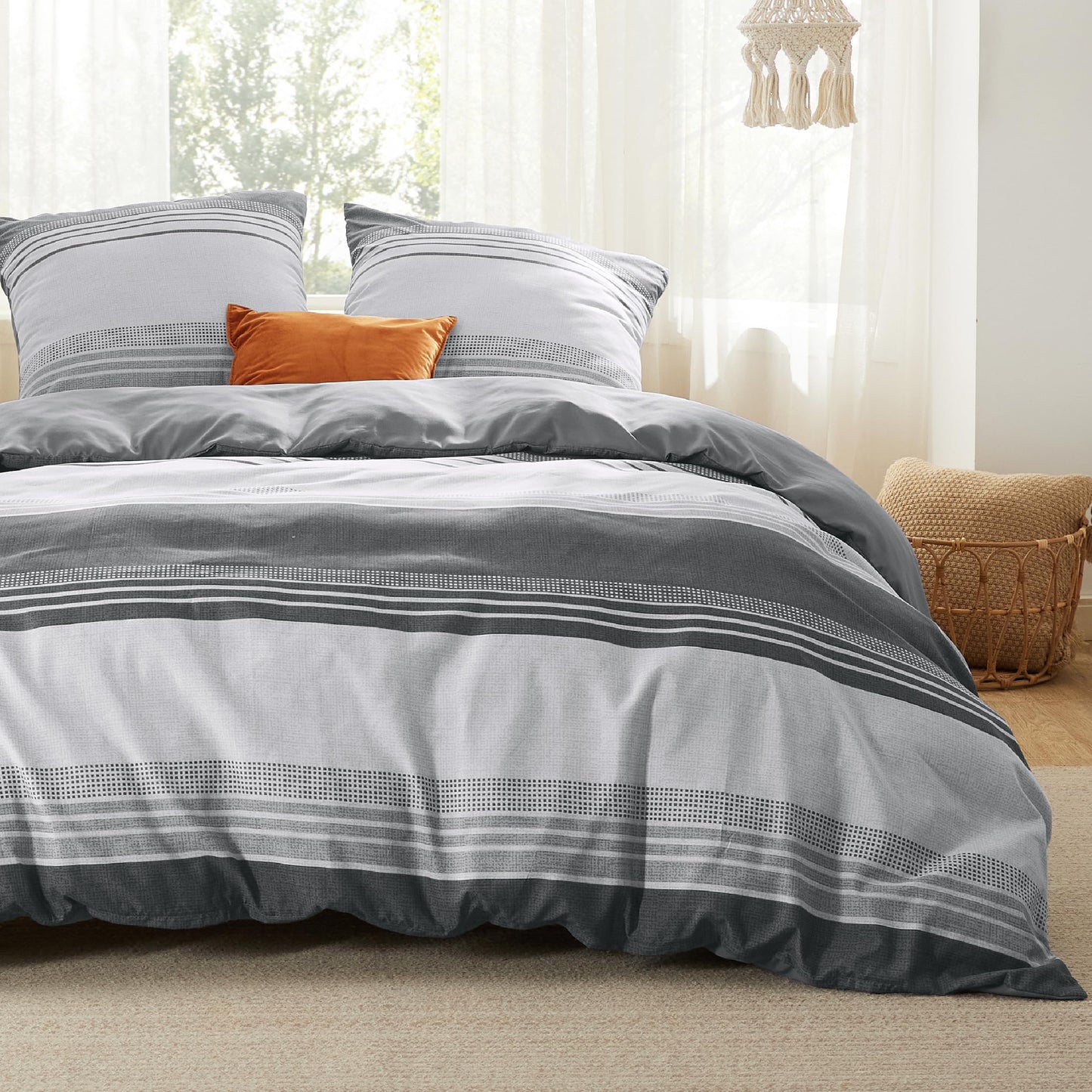 BEDSURE Bettwäsche 135x200 4teilig Bettbezug - Bettwäsche-Sets 135 x 200 cm 2er Set mit 2 Kissenbezüge 80x80cm, ÖKO-TEX Wendebettwäsche Bedding Zweige Grau Muster mit Reißverschluss