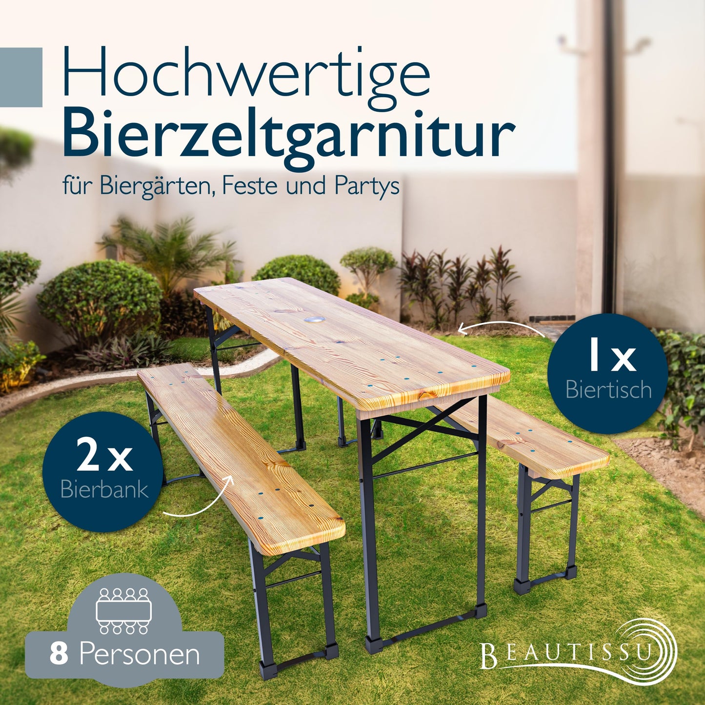 Beautissu 3tlg Bierzeltgarnitur klappbar 170x46 cm Holz - Biertischgarnitur mit Schirmloch Bierbank Bierzeltgarnitur klein - Bierbankgarnitur Biergartengarnitur Festzeltgarnitur Campingtisch Outdoor