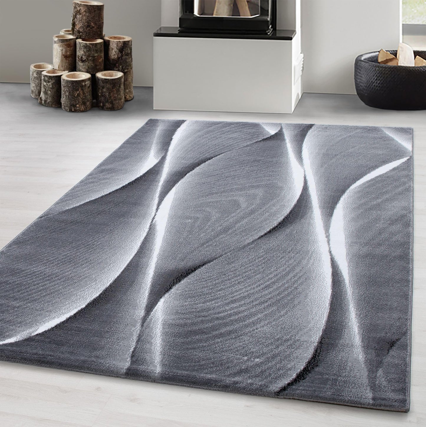Carpetsale24 Teppich Wohnzimmer Moderne Abstrakt Wellen Design Schwarz - Grau - Weiß 160 x 230 cm - Kurzflor Schlafzimmer Pflegeleicht Extra Weich - Flauschig Waschbar Esszimmer Küche