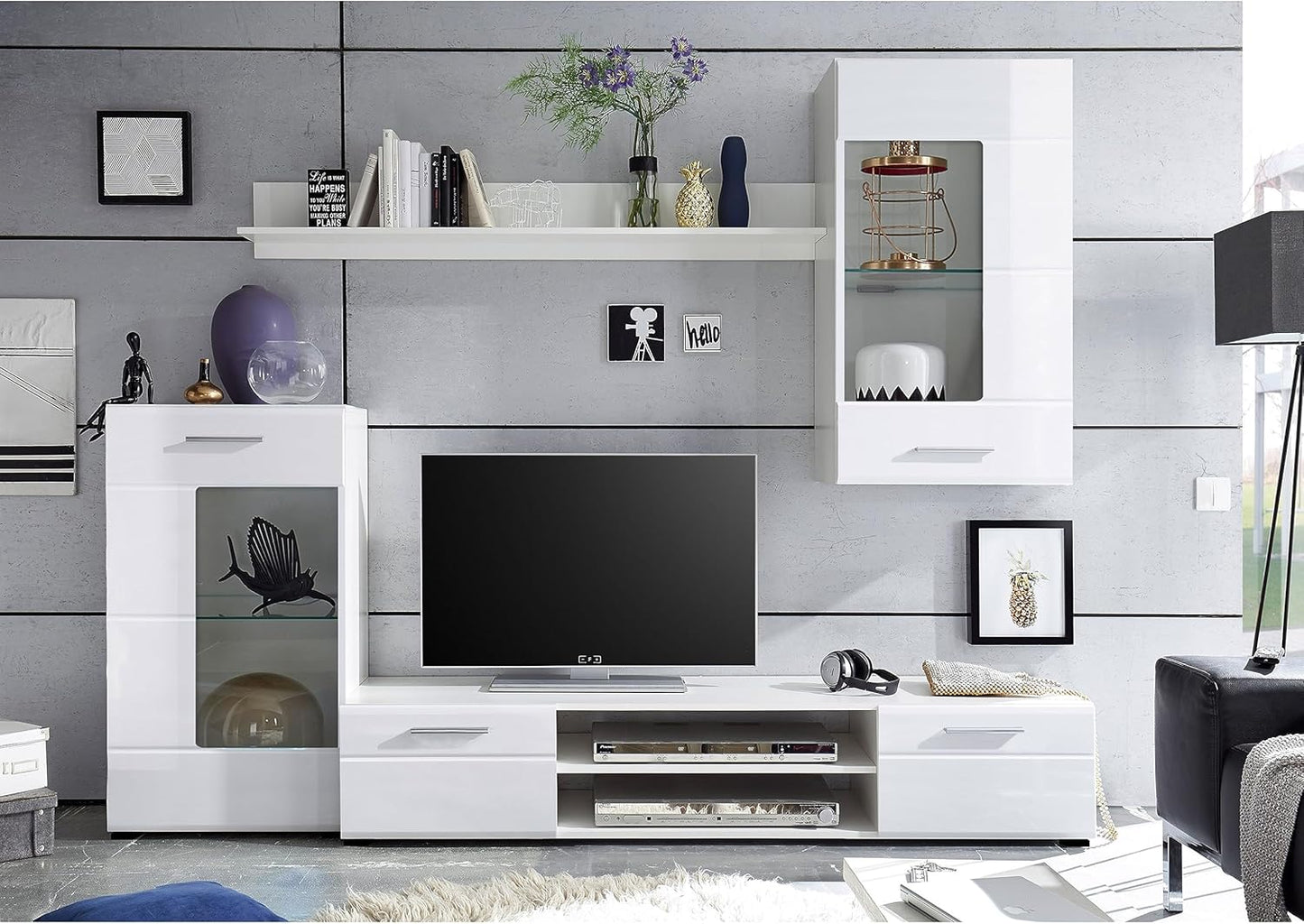 Shot Wall Unit Complete Set in White High Gloss – Modern Cabinet Wall Unit with Lots of Storage Space for Your Living Room – 230 x 190 x 40 cm (W x H x D)