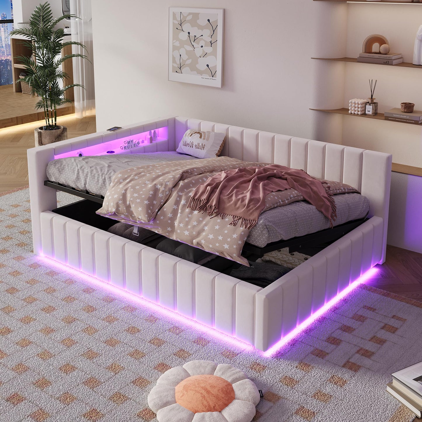 KEYIDE Upholstered Sofa Bed, 140 x 200 cm with LED Lighting and USB Charging, Bed Frame with Wooden Slatted Frame, Day Bed, Guest Bed, Youth Bed, Velvet Fabric, Without Mattress (Grey, 140 x 200)