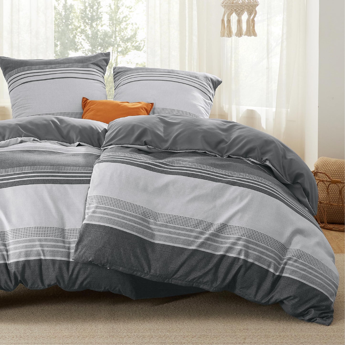 BEDSURE Bettwäsche 135x200 4teilig Bettbezug - Bettwäsche-Sets 135 x 200 cm 2er Set mit 2 Kissenbezüge 80x80cm, ÖKO-TEX Wendebettwäsche Bedding Zweige Grau Muster mit Reißverschluss