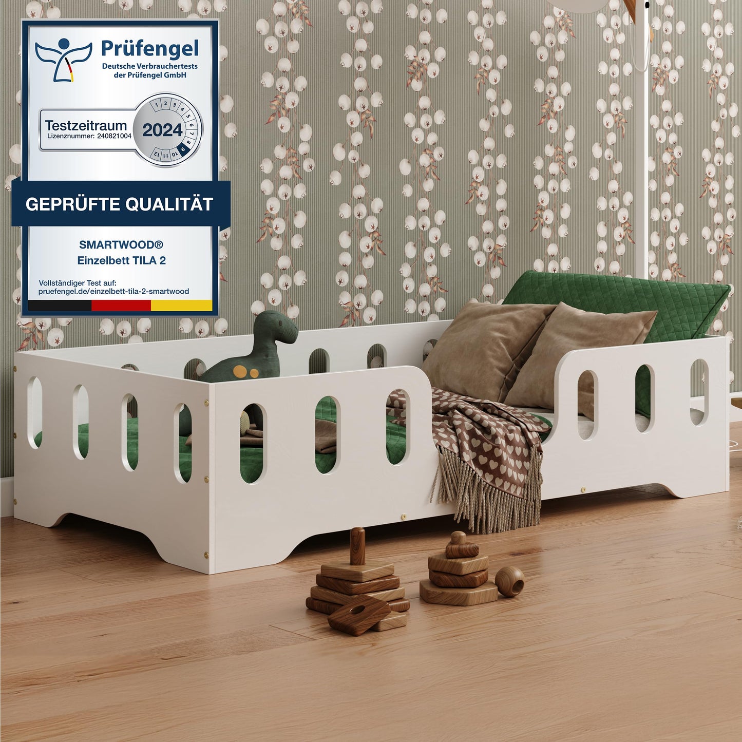 smartwood Montessori Wooden Floor Bed 60 x 120 cm Grey with FSC Certificate TILA 2 with Fall Protection and Slatted Frame Maximum Load 230 kg Easy Assembly