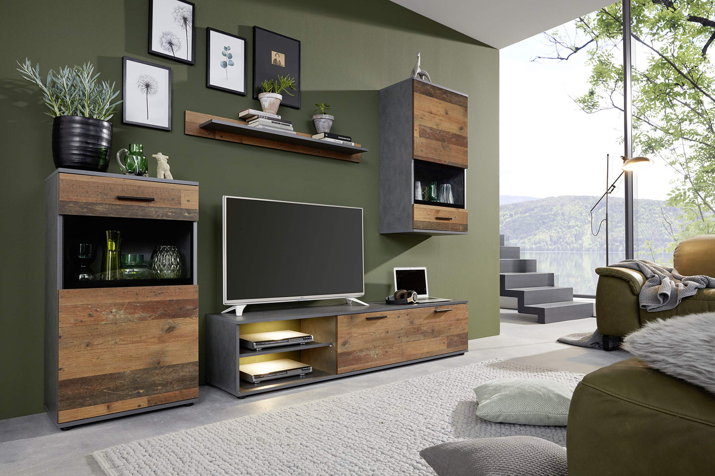 trendteam smart living - Logo - Wall Unit - Brown - Wall Unit with 1 Door, 1 Flap and 6 Open Compartments - (W x H x D) 240 x 185 x 41 cm - Silver Matte Handles