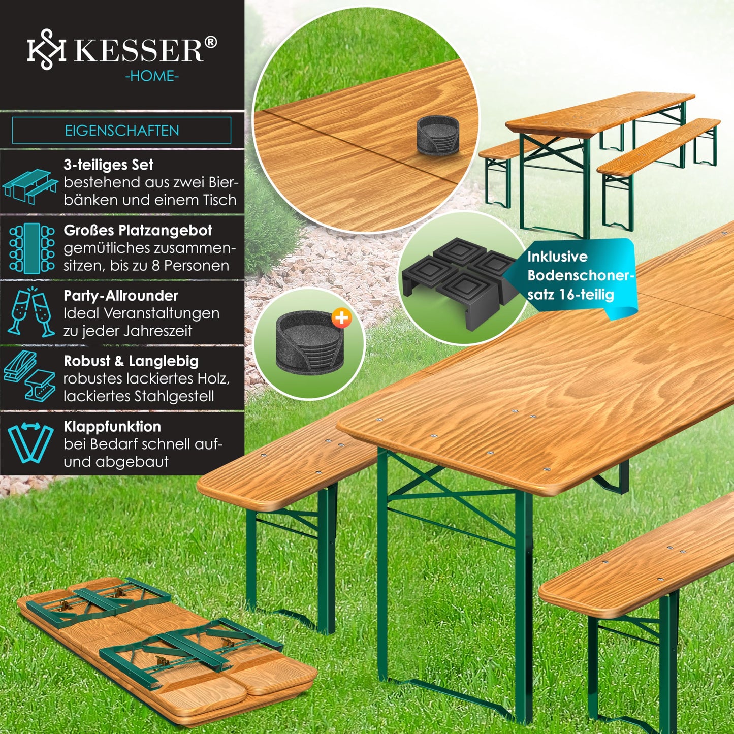 KESSER® Bierzeltgarnitur 3 teilig Gartenmöbel-Set | Klappbar 220 x 50 x 77cm | 2X Bierbänke 1x Biertisch | Festzeltgarnitur Biertisch Stehtisch Sitzgarnitur Holz 16-teiliges Bodenschoner-Set