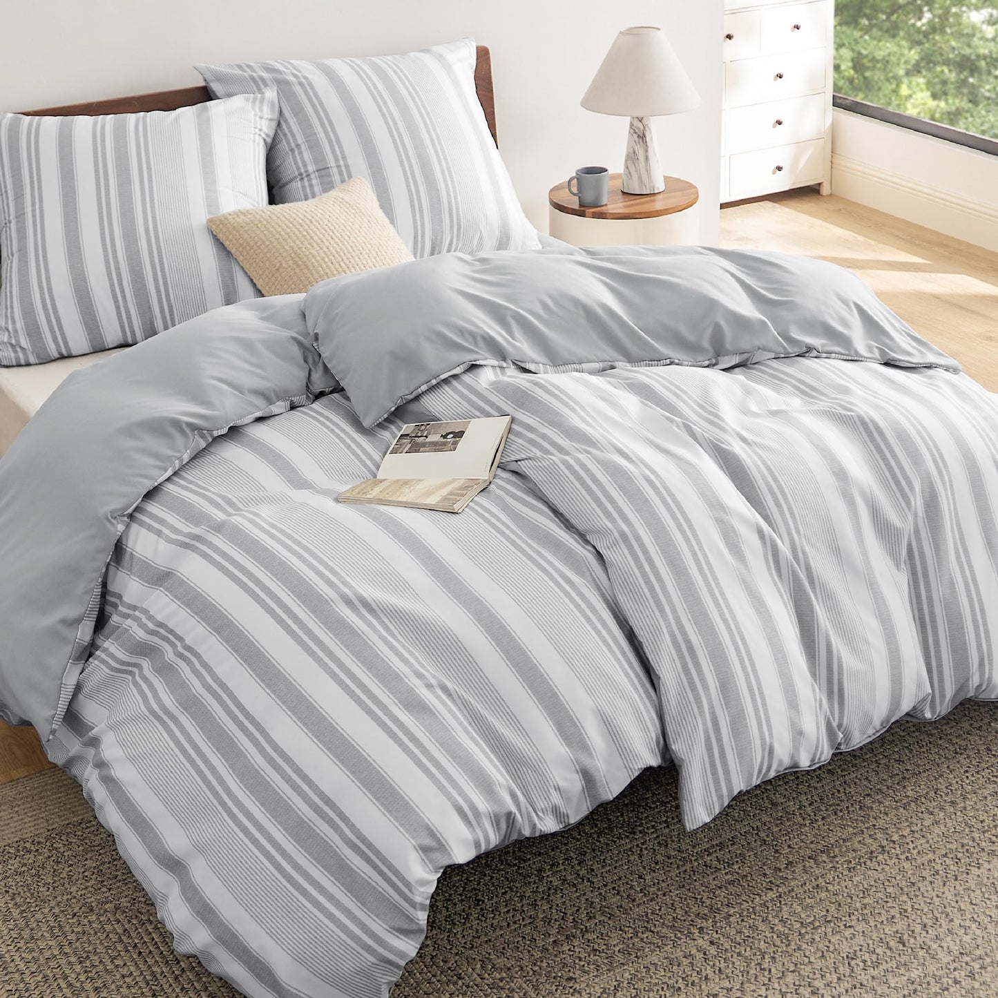 BEDSURE Bettwäsche 135x200 4teilig Bettbezug - Bettwäsche-Sets 135 x 200 cm 2er Set mit 2 Kissenbezüge 80x80cm, ÖKO-TEX Wendebettwäsche Bedding Zweige Grau Muster mit Reißverschluss