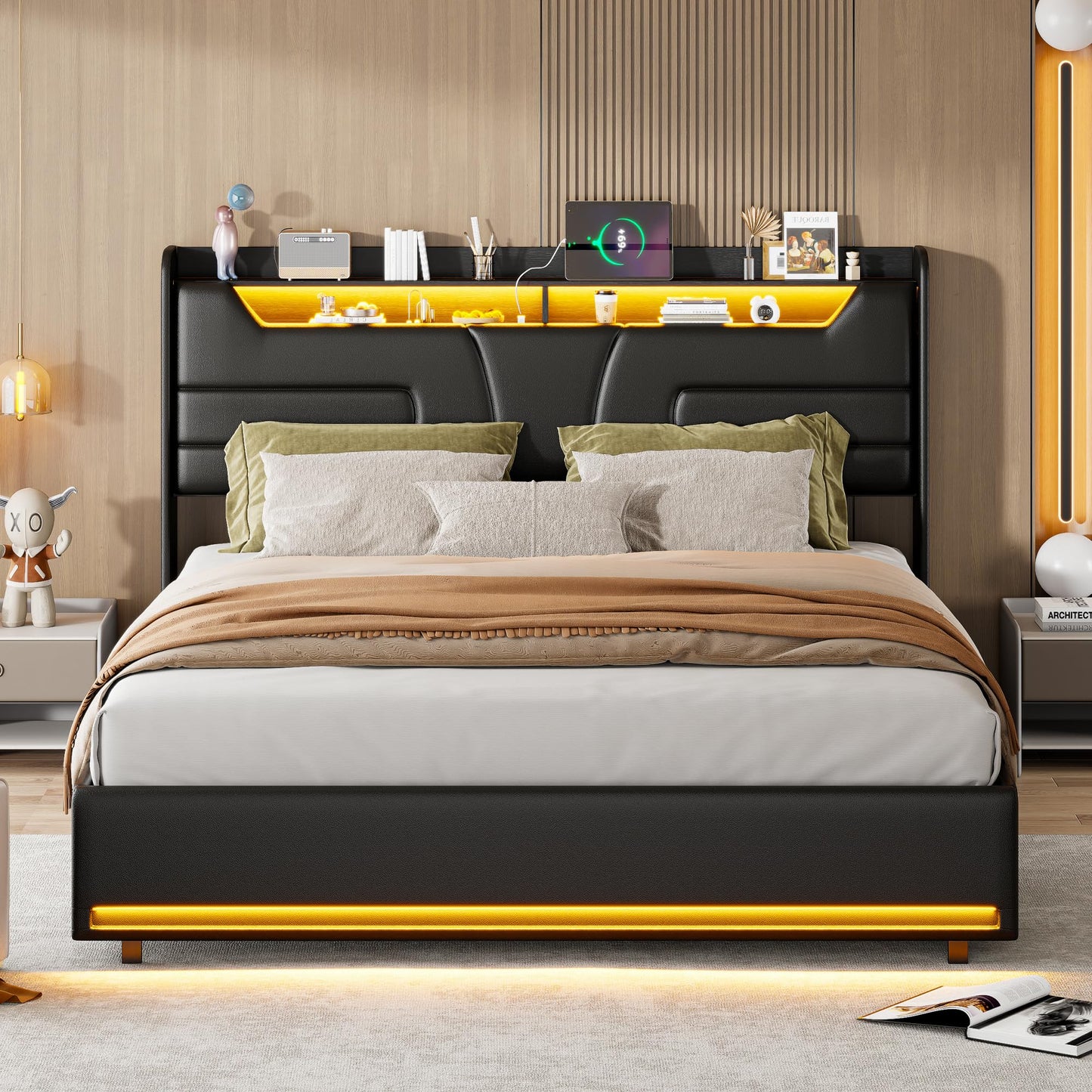 WOBOPCG Upholstered Double Bed 140 x 200, Hydraulic Storage Bed with Slatted Bases, Double Bed with Storage Space, Functional Bed with Storage Space (Grey + Flannel, 140 x 200)