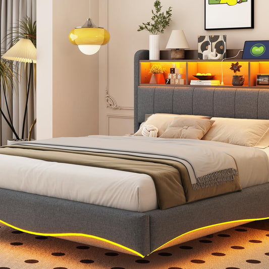 LAKFEW Polsterbett 140X200 cm, Doppelbett Stauraumbett mit LED-Beleuchtung, Erwachsenenbett mit USB/Typ-C, Bettgestell Bett mit Lattenrost, Ohne Matratze, Grau, Leinen