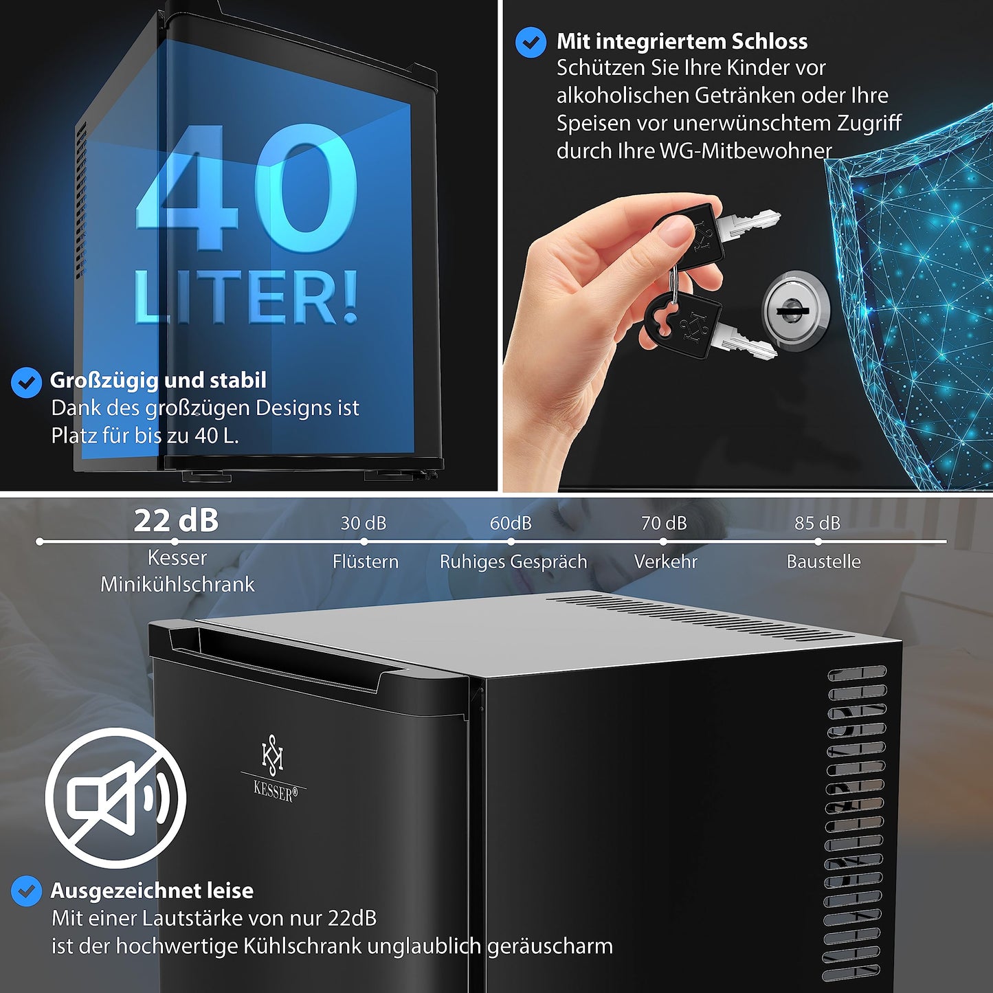 KESSER® Mini Fridge 40 L Lockable Mini Bar Ideal for Camping, Office, Bedroom, Hotel, Kitchen, Small Fridge Completely Silent, Interchangeable Door Hinge, Interior Lighting with Glass Opener