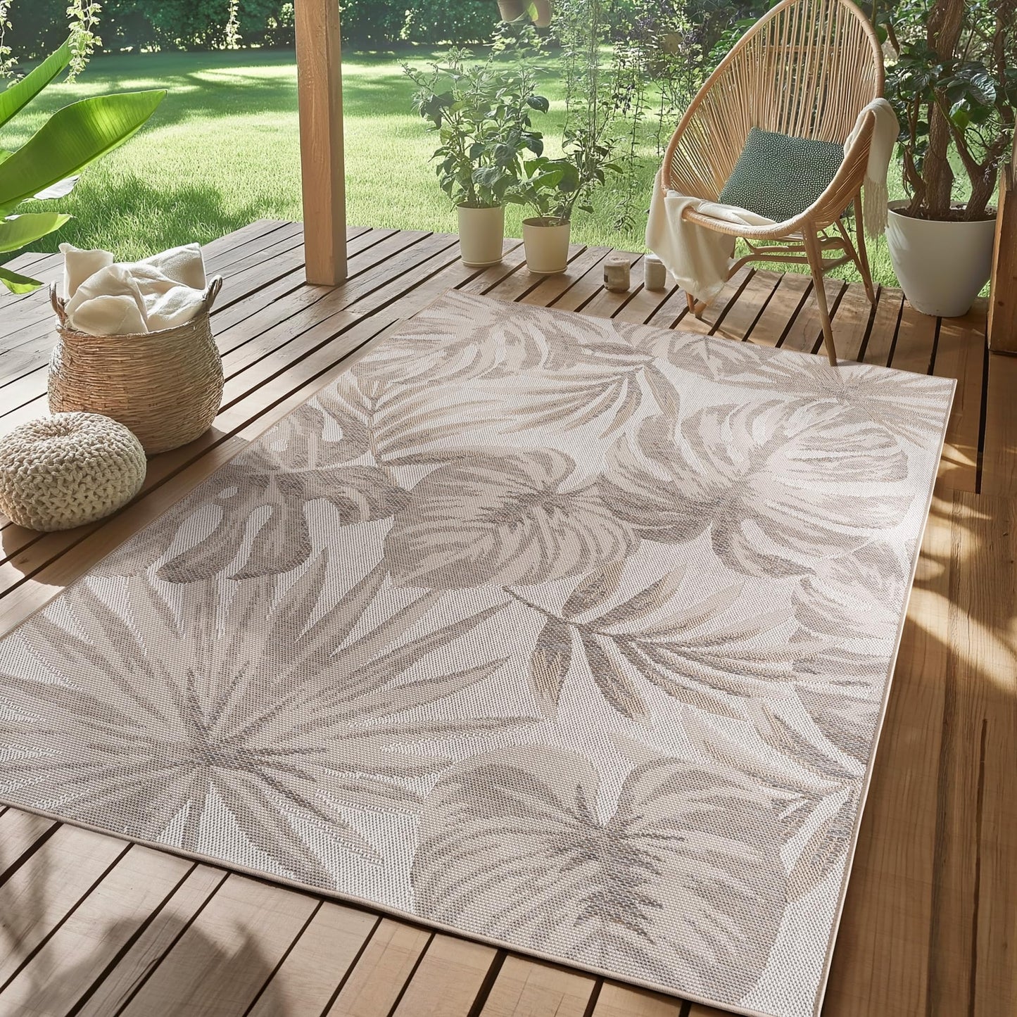 SIMPEX Outdoor Teppich Wetterfest Beige 140x200 cm, UV-beständig, ideal für Küche, Balkon, Terrasse, Garten Wohnzimmer Esszimmer, Skandinavisches Boho-Design, Pfelgeleicht