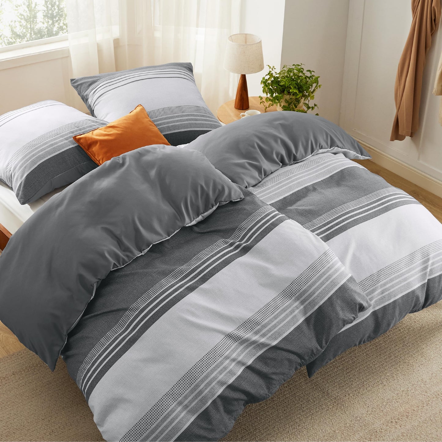 BEDSURE Bettwäsche 135x200 4teilig Bettbezug - Bettwäsche-Sets 135 x 200 cm 2er Set mit 2 Kissenbezüge 80x80cm, ÖKO-TEX Wendebettwäsche Bedding Zweige Grau Muster mit Reißverschluss