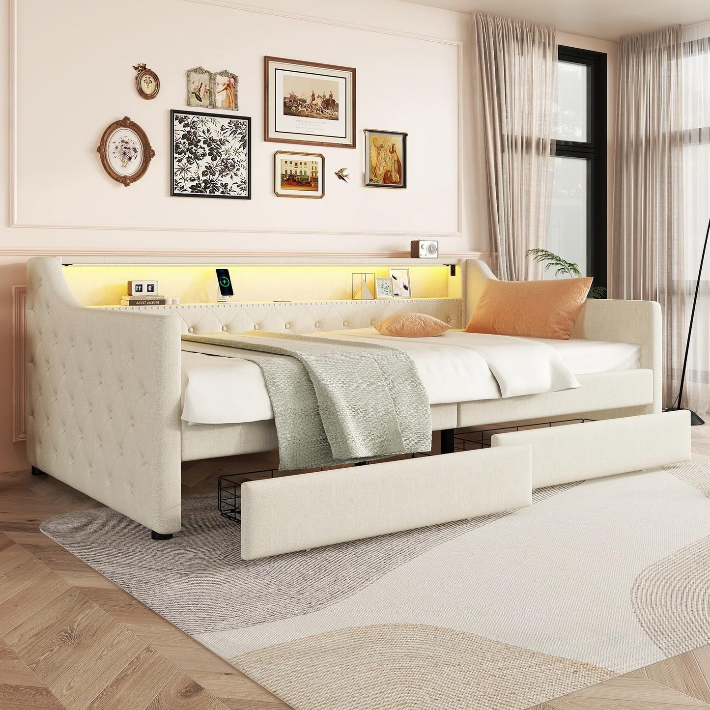 Aoskem Polsterbett Tagesbett Einzelbett 90x200 mit 2 Stauraum Schubladen, Kinderbett LED-Sofabett mit USB-Ladebuchse, Bettgestell mit Lattenrost, Jugendbett Schlafsofa, Ohne Matratze, Leinen (Grau)