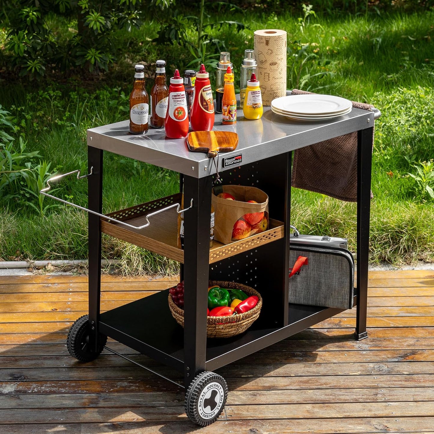 Royal Gourmet Grill Table with 85 x 50 cm Stainless Steel Plate, 3 Tier Grill Trolley for Table Grill and Pizza Ovens, Trolley with Handles, Bin Bag Holder & Storage Shelves, Easy to Clean and Movable
