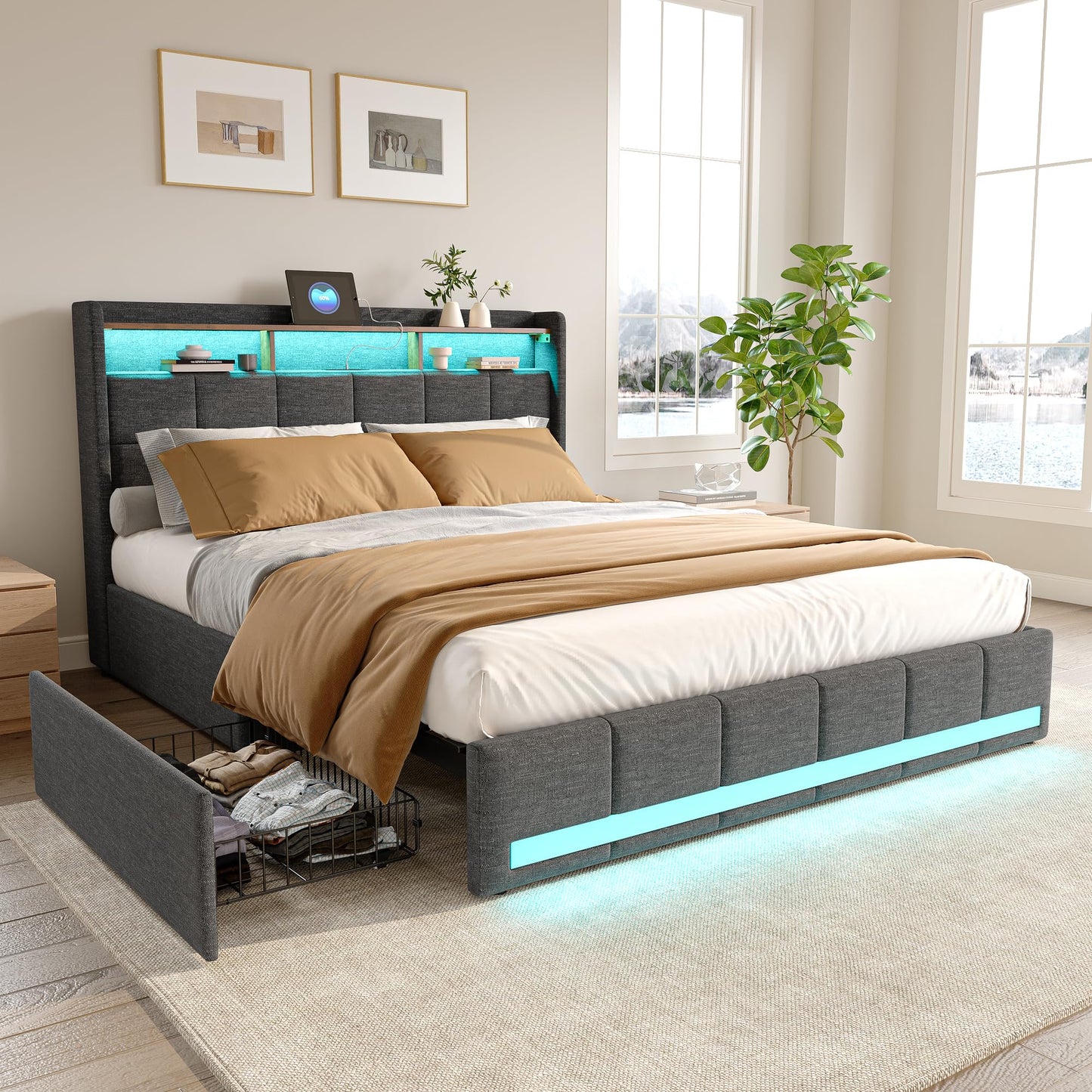 KeepGoon Doppelbett 140 x 200 cm,Polsterbett mit LED-Leuchten, 4 Eisenschubladen und einem USB Ladeanschluss,Stauraumbetten Bettgestell,Leinenstoff (Beige)
