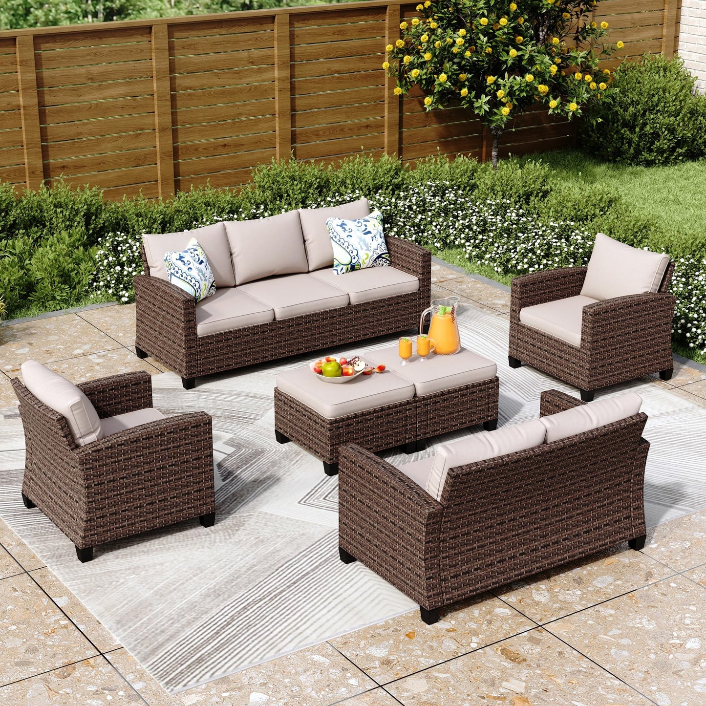PHI VILLA Garden Furniture Set, Balcony Furniture, 5 Pieces, Rattan Lounge Furniture, Outdoor Garden Lounge Set, 7-Seater, Patio Furniture, Modular Furniture with Reinforced Cushions, Beige