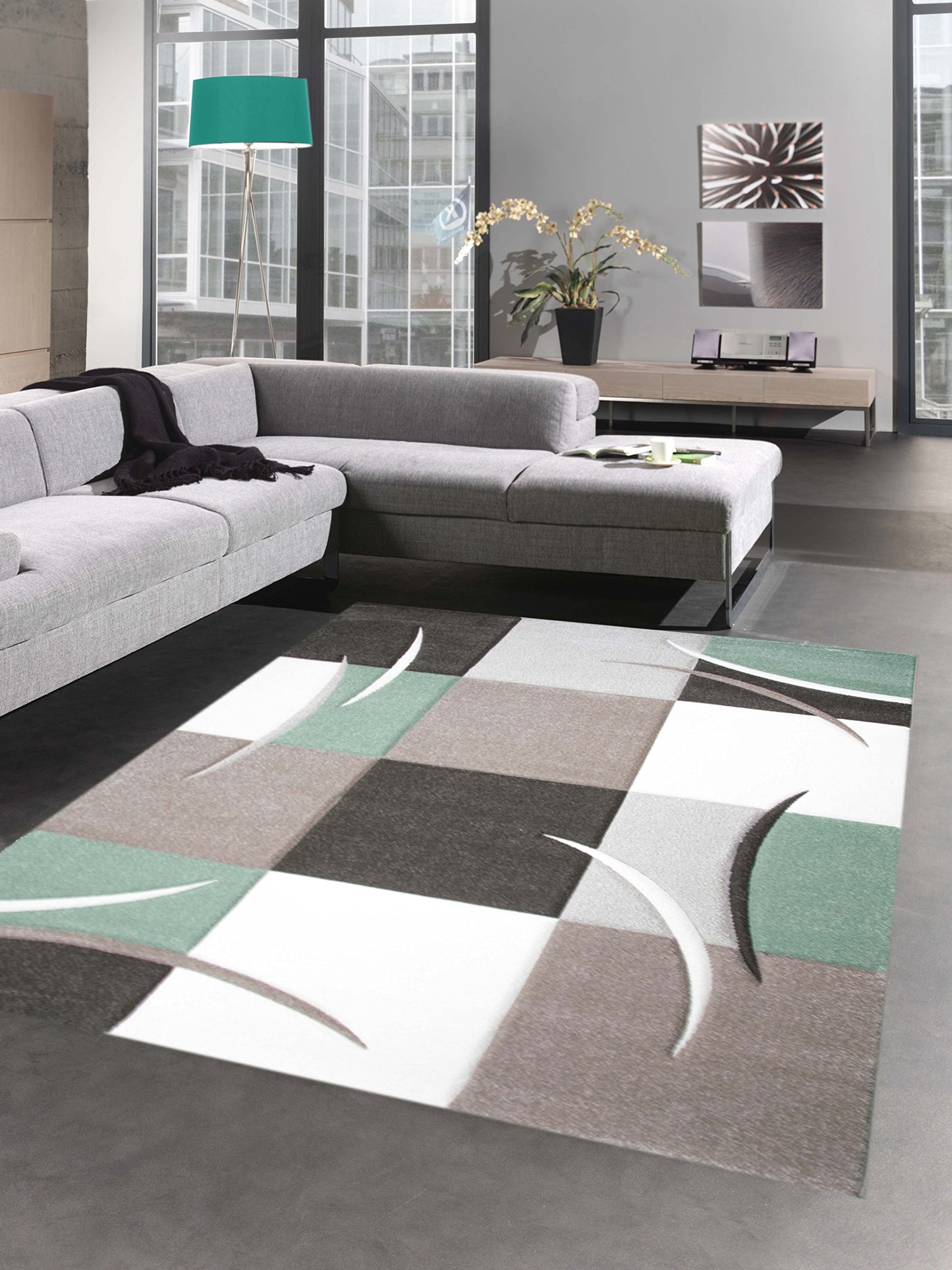 CARPETIA Modern Short Pile Living Room Rug Contour Cut Checked Abstract Grey Black White Turquoise Size 60 x 110 cm