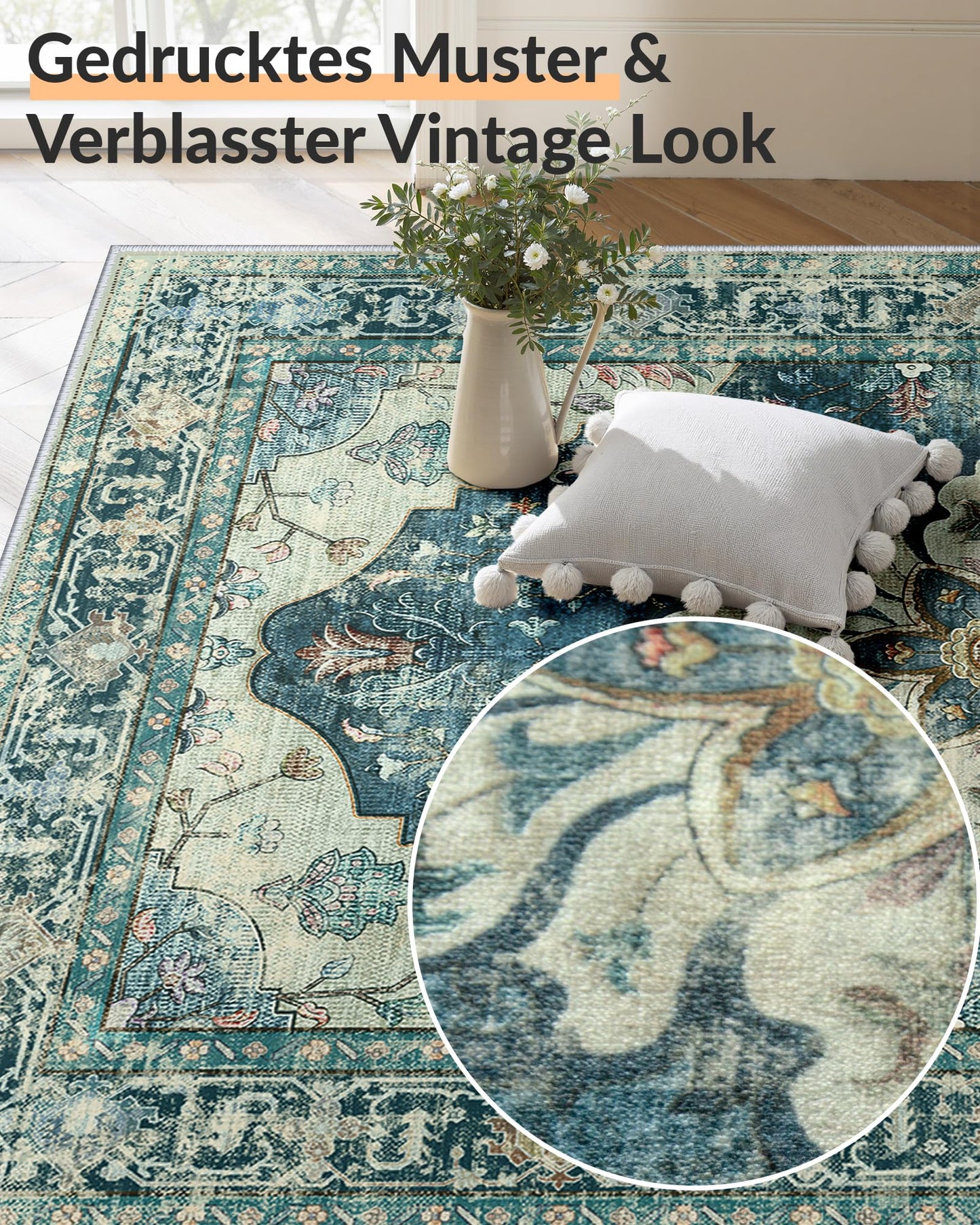 INOVADAY Vintage Waschbarer Teppich Wohnzimmer 90x150 cm Boho Kurzflor rutschfest Teppich Weich Teppiche mit Druckmuster für Schlafzimmer, Esszimmer, Büro Beige/Blau/Orange