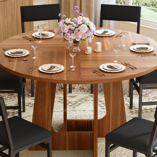 Round Dining Table Set for 6, 7-Piece Kitchen Table and Chairs for 6, 47'' Round Dining Room Table Set with 6 Chairs, Space Saving Dining Table with Wood Base for Kitchen, Living Room, Brown