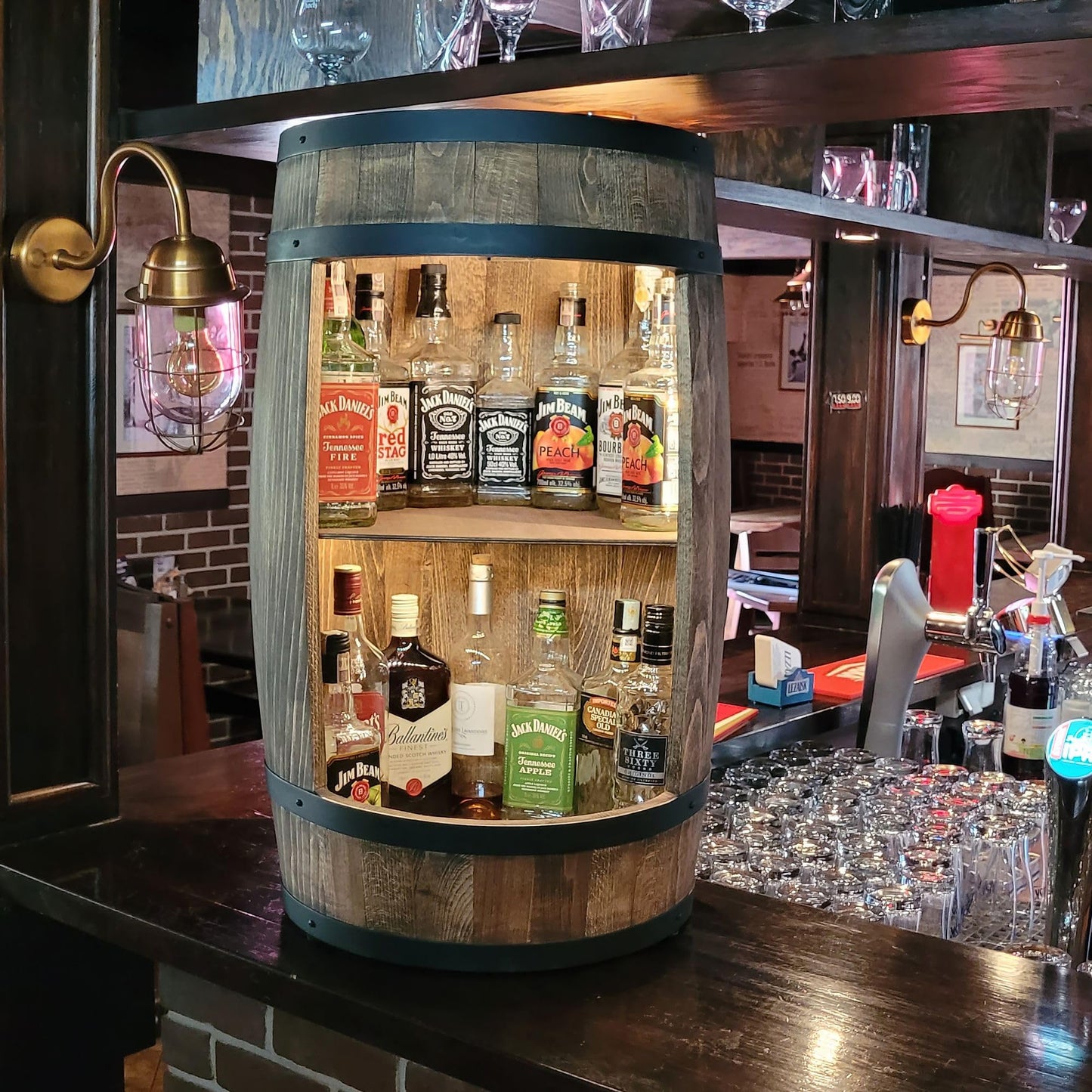 Barrel Bar with LED Lighting and Wine Holder Wine Rack - Wooden Barrel Home Bar 80 cm Rustic Decorative Bar Cabinet Wine Stand - Barrel Beer Wine Bottle Stand - Bar Whisky Gift (Dark Brown)