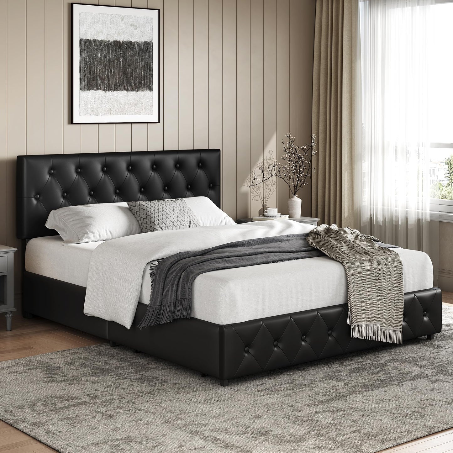 Yaheetech Polsterbett 140 x 200 cm Doppelbett Bettrahmen mit 2 Schubladen höhenverstellbares Kopfteil Gepolstertes Bett mit Lattenrost viel Stauraum, Schwarz