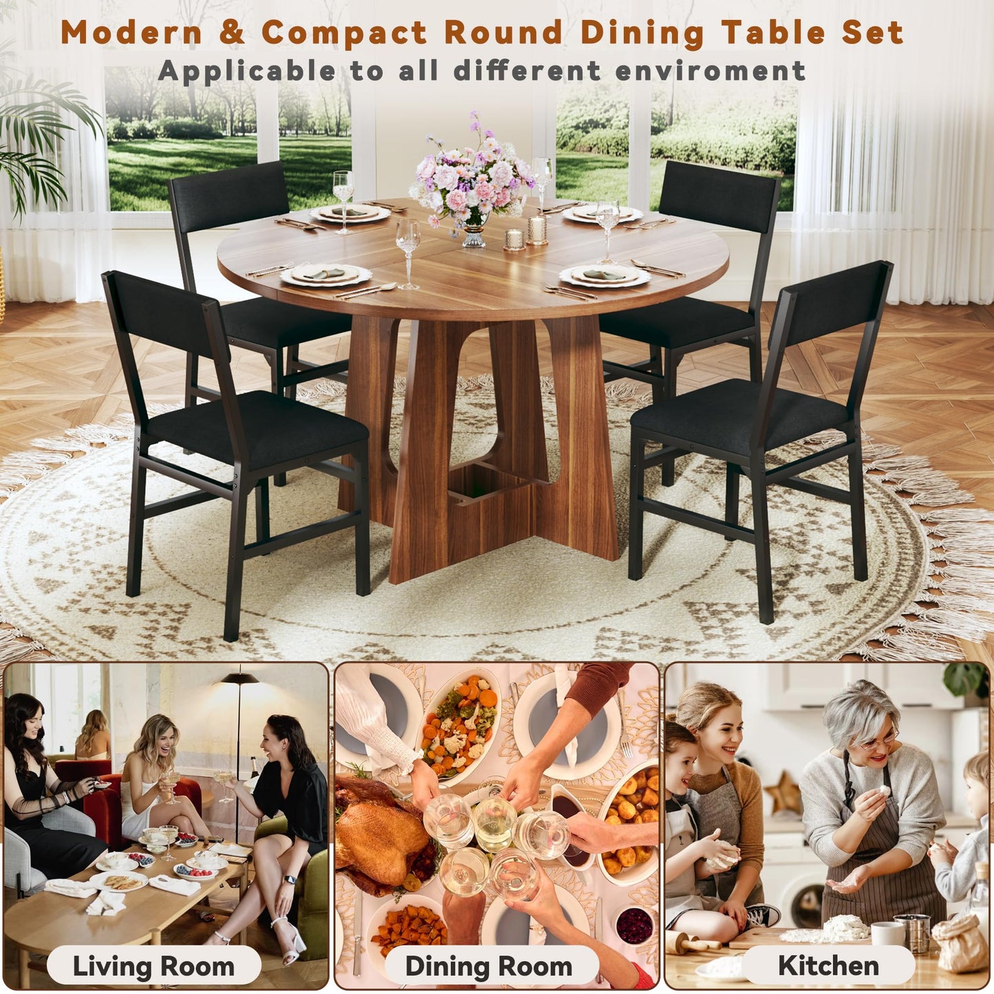 Round Dining Table Set for 6, 7-Piece Kitchen Table and Chairs for 6, 47'' Round Dining Room Table Set with 6 Chairs, Space Saving Dining Table with Wood Base for Kitchen, Living Room, Brown