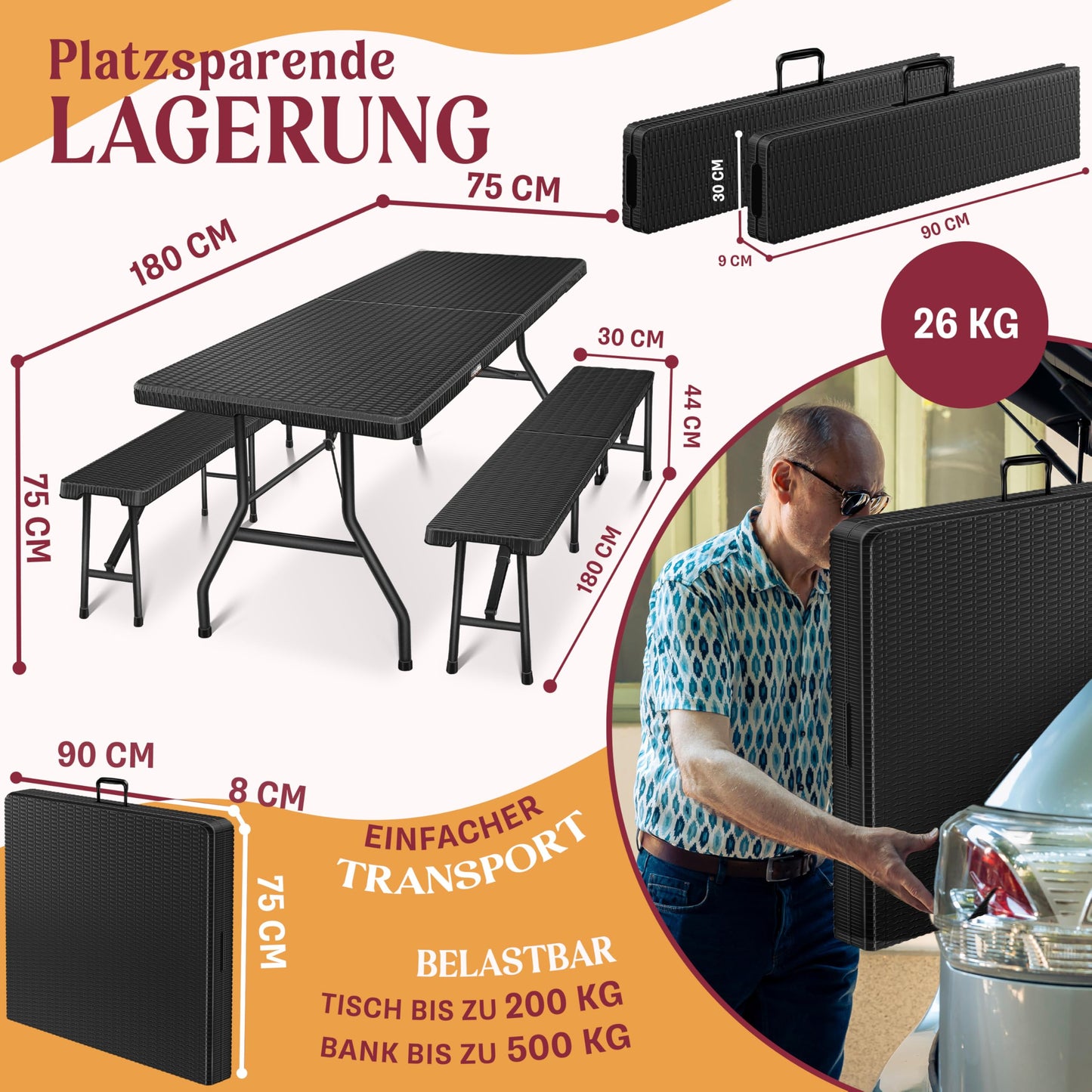 Kesser® Beer Tent Set – 3 Piece Set, Table + 2 x Bench, for Indoor / Outdoor, Folding, Carry Handles, HxWxD: 73 x 180 x 75 cm, Plastic, Rattan-Look Garden Set, Folding Table, Garden Table, Black