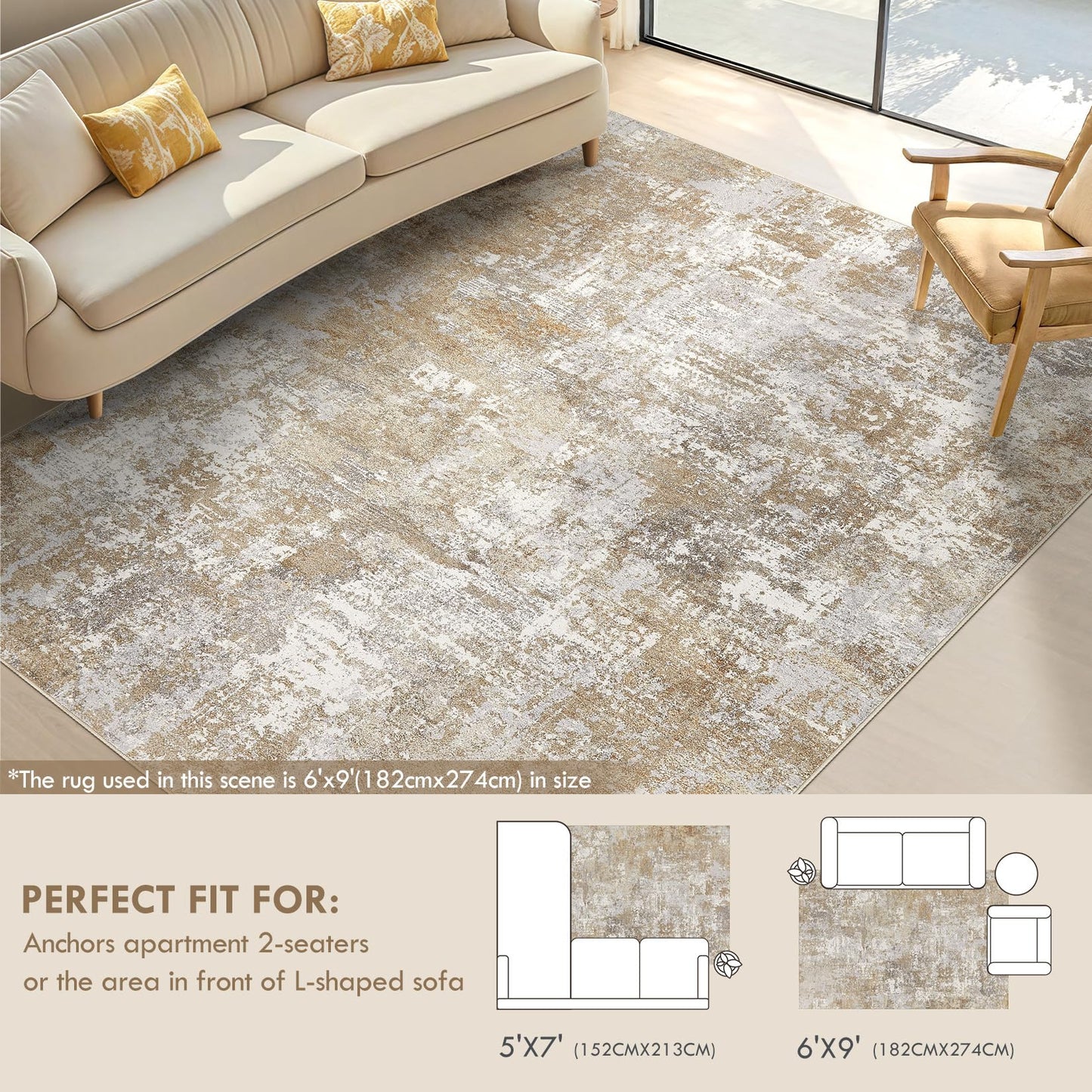 Tortania Washable 5x7 Area Rug for Living Room: Modern Abstract Neutral Large Soft Thin Rugs - Non Slip Indoor Carpet for Bedroom Dining Room Office Nursery Home Floor Decoration - Grey