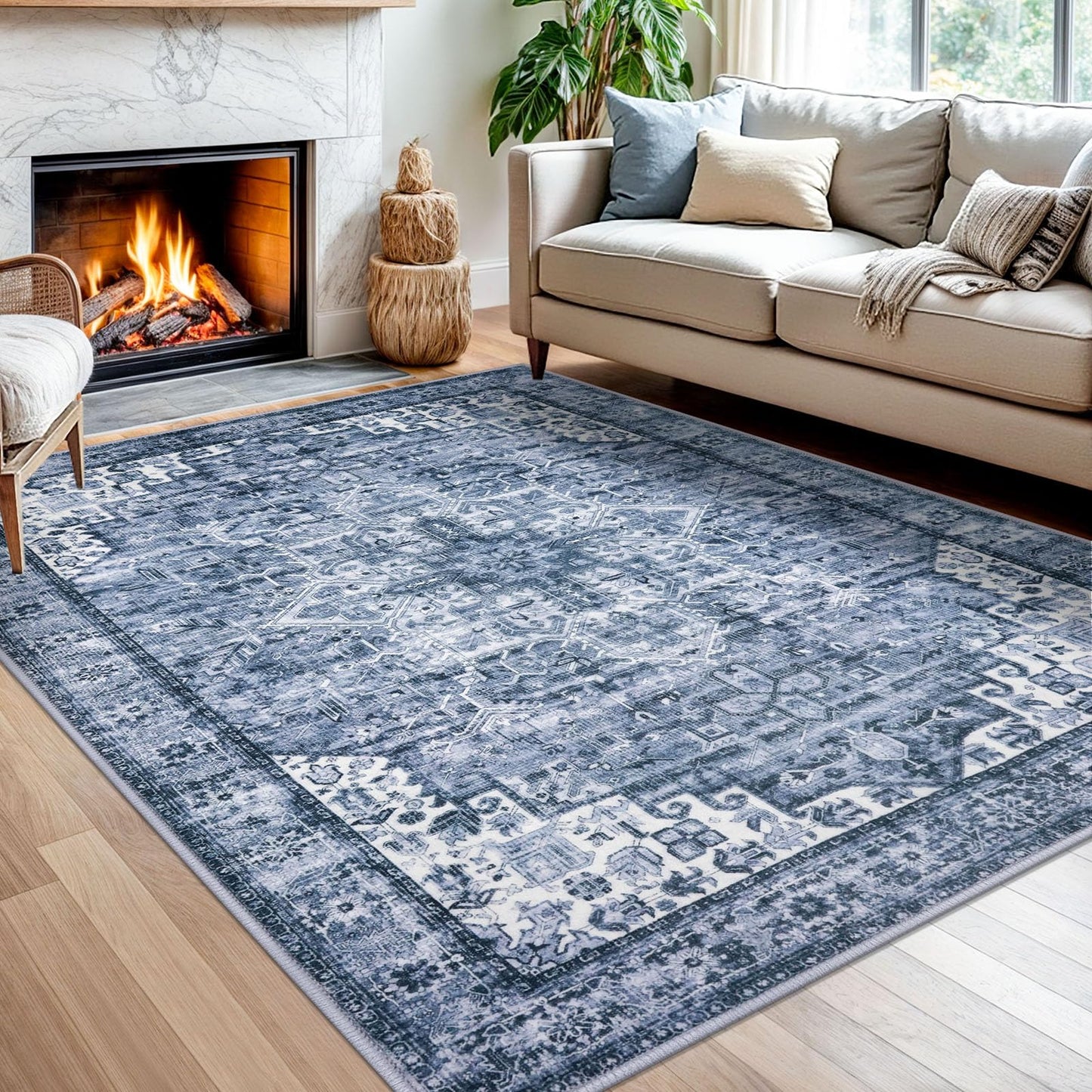 2x3 Blue Washable Rug for Entrance, Soft Traditional Area Rug, Non-Slip Printed Kitchen Rugs, Low-Pile Medallion Indoor Door Mat, Small Farmhouse Carpet for Entryway Kitchen Foyer Bedside