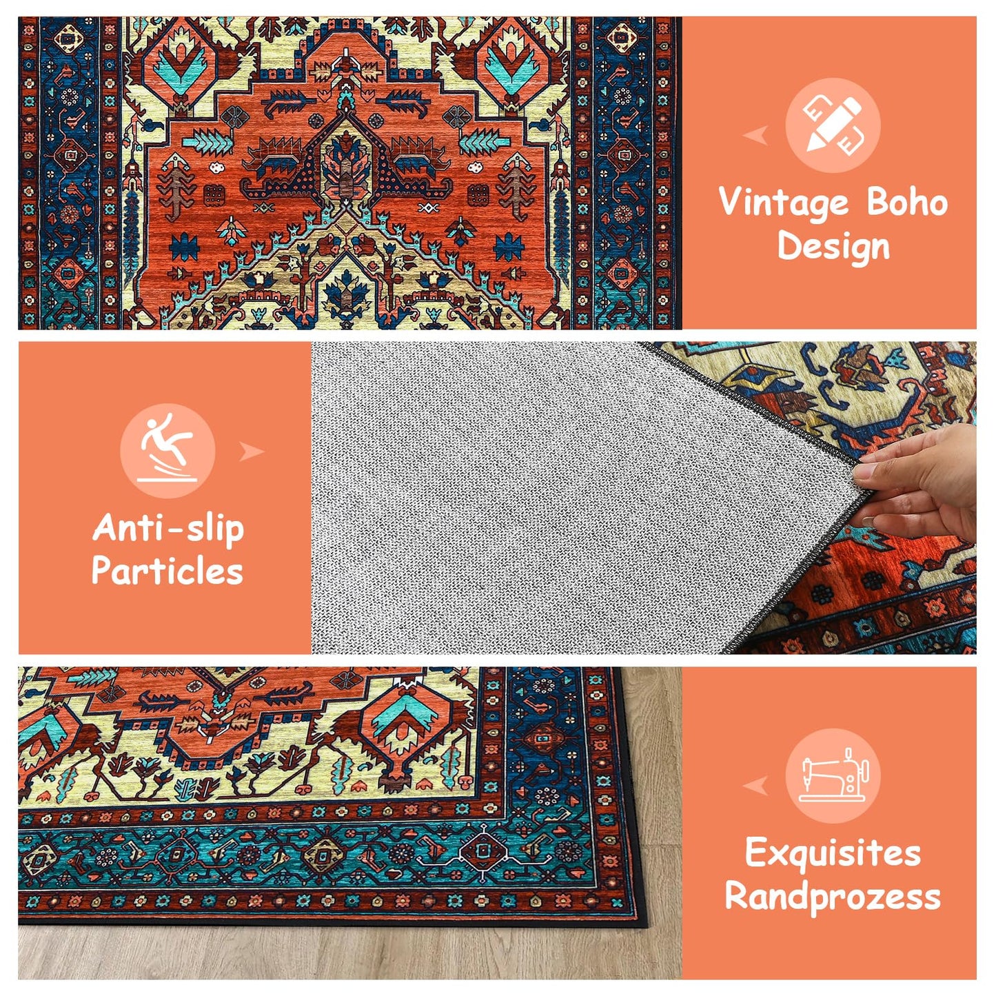WONGS BEDDING Boho Rug Living Room Bedroom Short Pile Rugs Washable Soft Non-Slip Vintage Design