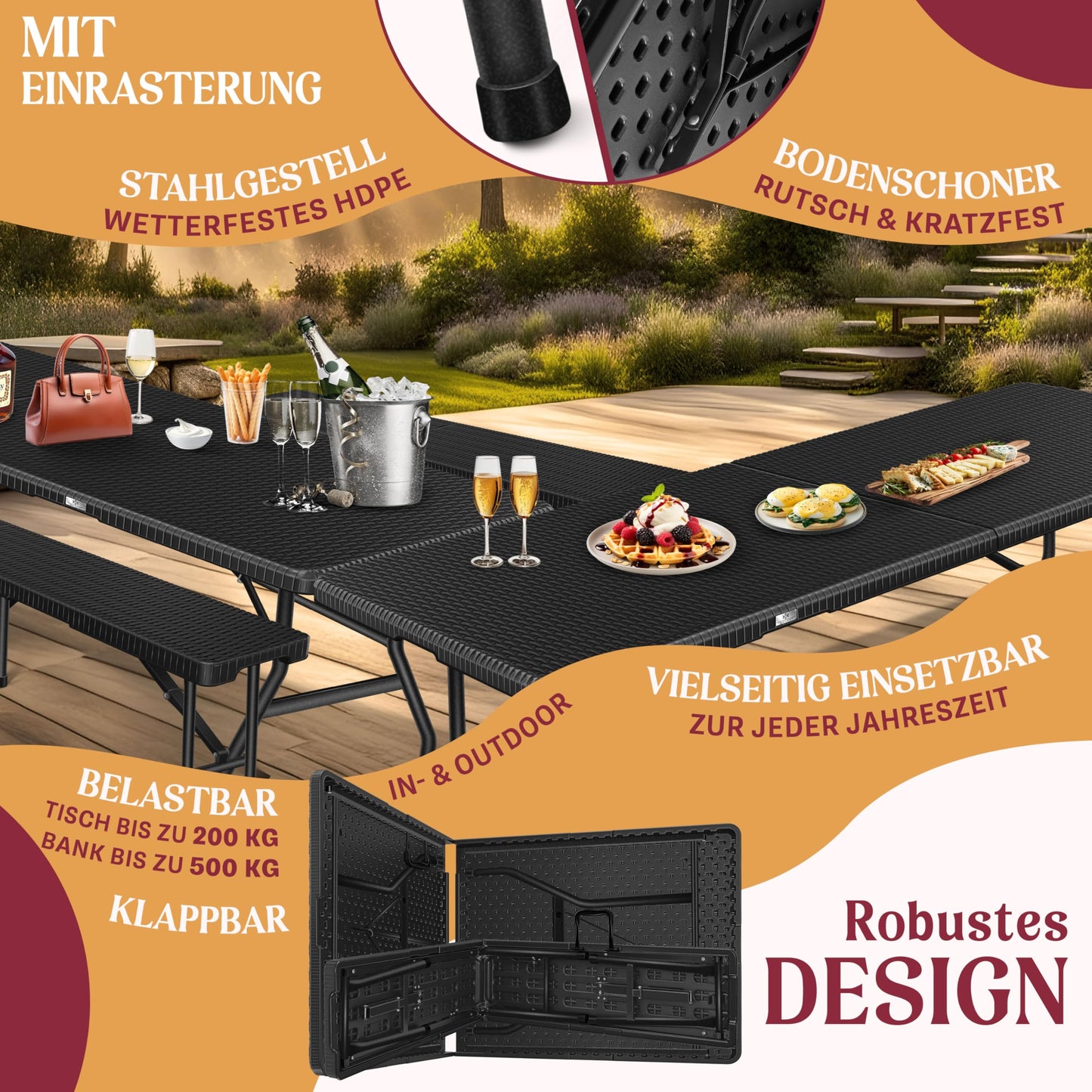 Kesser® Beer Tent Set – 3 Piece Set, Table + 2 x Bench, for Indoor / Outdoor, Folding, Carry Handles, HxWxD: 73 x 180 x 75 cm, Plastic, Rattan-Look Garden Set, Folding Table, Garden Table, Black