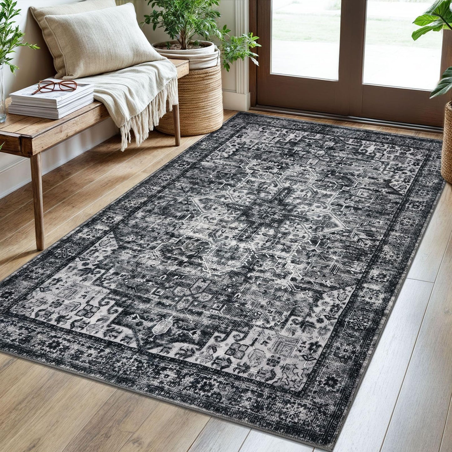 2x3 Blue Washable Rug for Entrance, Soft Traditional Area Rug, Non-Slip Printed Kitchen Rugs, Low-Pile Medallion Indoor Door Mat, Small Farmhouse Carpet for Entryway Kitchen Foyer Bedside