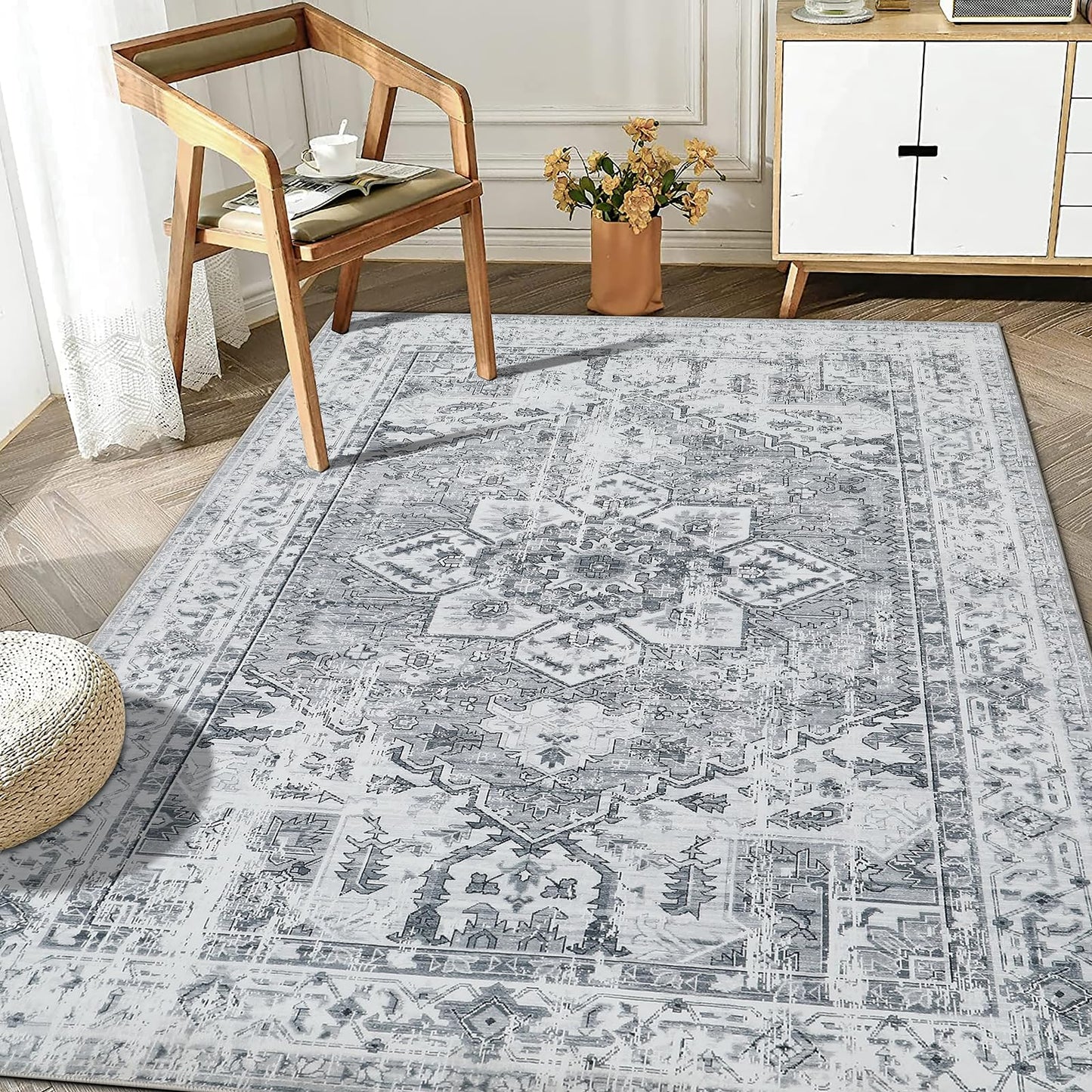 WONGS BEDDING Boho Rug Living Room Bedroom Short Pile Rugs Washable Soft Non-Slip Vintage Design
