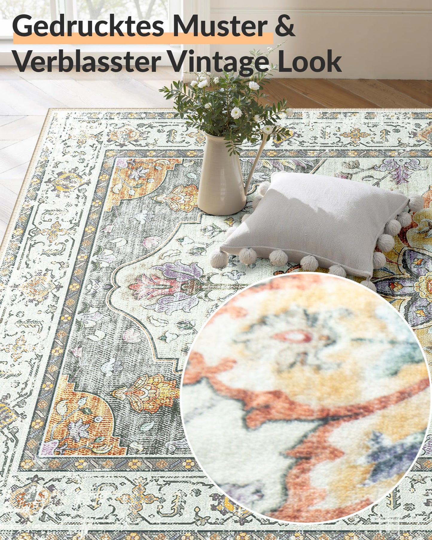 INOVADAY Vintage Waschbarer Teppich Wohnzimmer 90x150 cm Boho Kurzflor rutschfest Teppich Weich Teppiche mit Druckmuster für Schlafzimmer, Esszimmer, Büro Beige/Blau/Orange