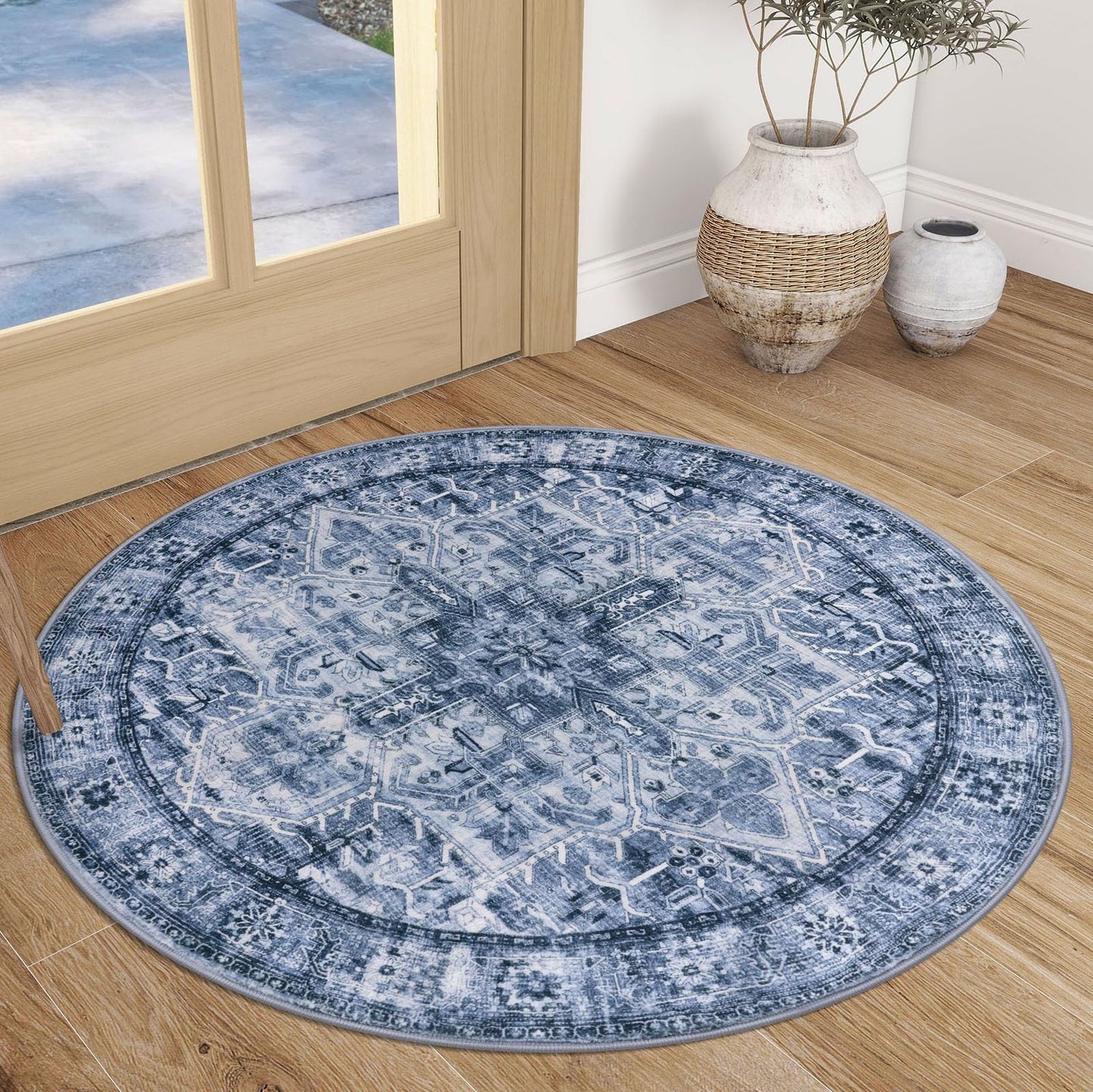 2x3 Blue Washable Rug for Entrance, Soft Traditional Area Rug, Non-Slip Printed Kitchen Rugs, Low-Pile Medallion Indoor Door Mat, Small Farmhouse Carpet for Entryway Kitchen Foyer Bedside