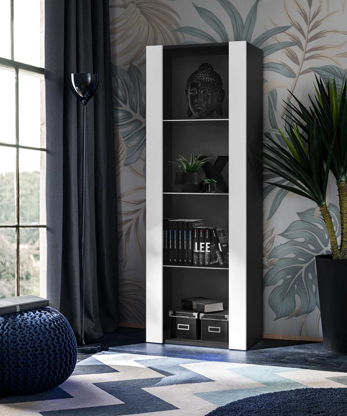 Komodee Tivoli Medio Wall Unit Living Room Set, Black/Black, Width 245 cm x Height 159 cm x Depth 35 cm, LED Blue, for Living Room, Bedroom