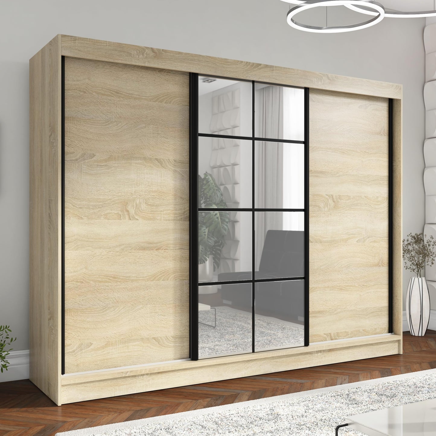 A&J MöbelLand Oravelle Sliding Door Wardrobe 3 Doors with Drawers and Mirror 200 cm (Black)