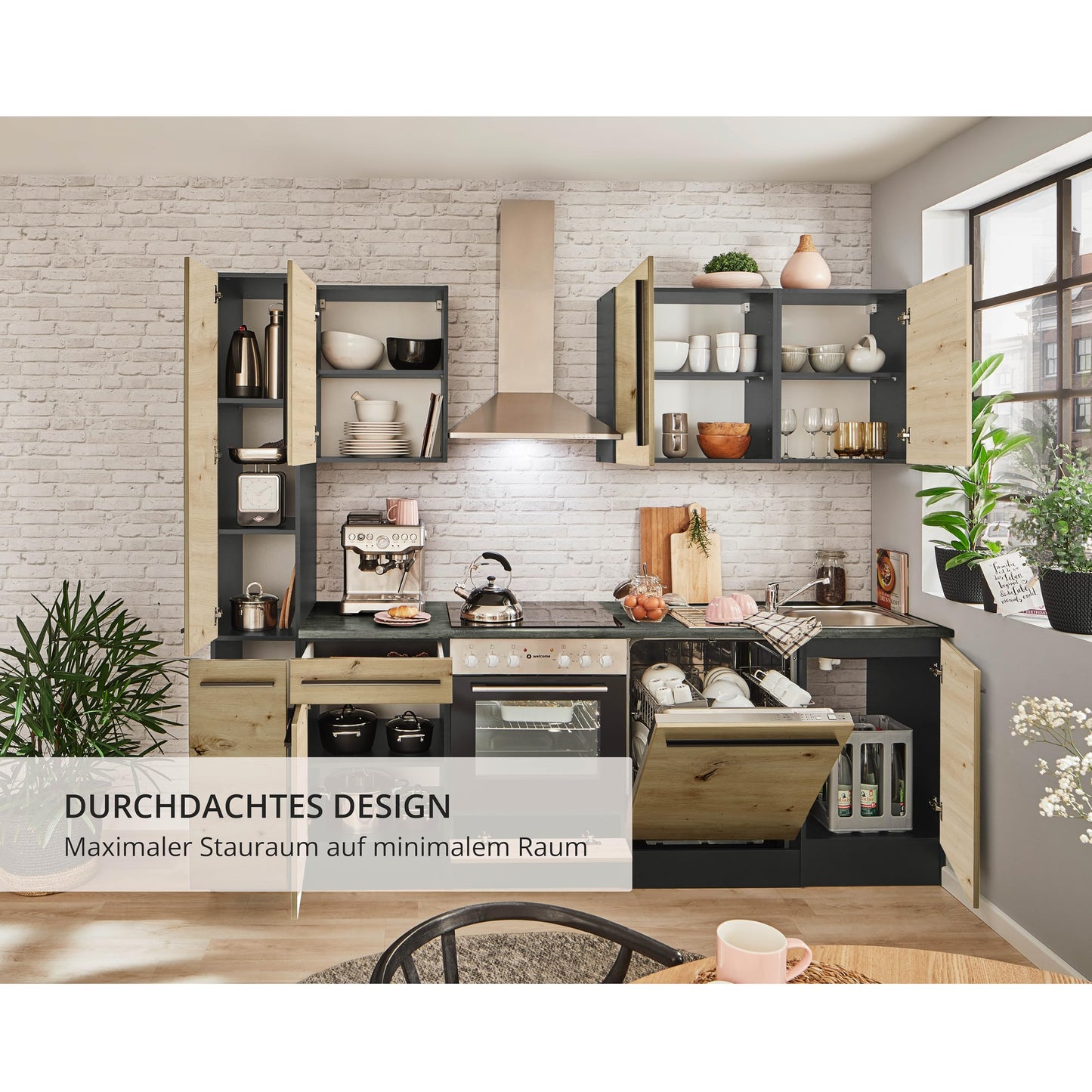 Jazz 8 Moderne Küchenzeile ohne Elektrogeräte in Anthrazit, Artisan Eiche Optik - Geräumige Einbauküche mit viel Stauraum - 220 x 211 x 60 cm (B/H/T)