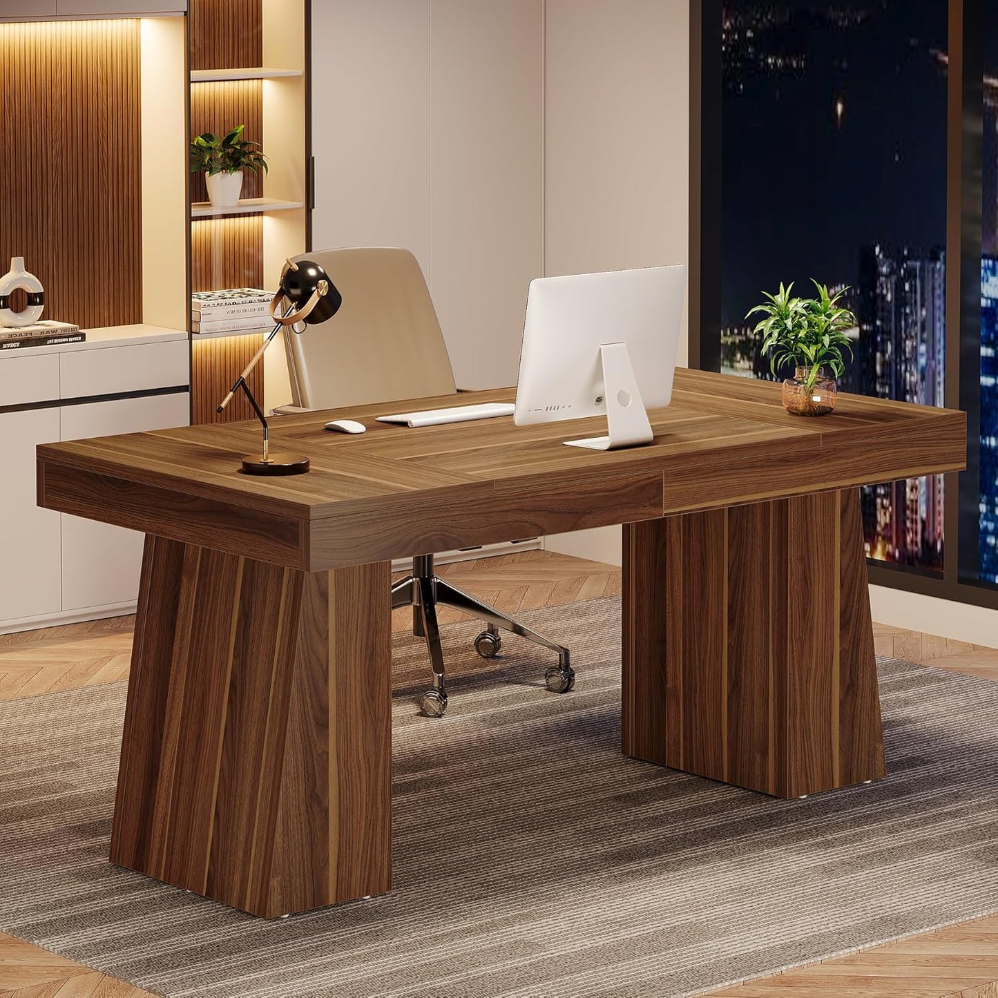 Tribesigns 140 cm Schreibtisch, Moderner Home-Office-Schreibtisch mit Doppeltem Trapezfuß, Holz-Computertisch, Business-Arbeitsplatz, Kleiner Konferenztisch, Braun