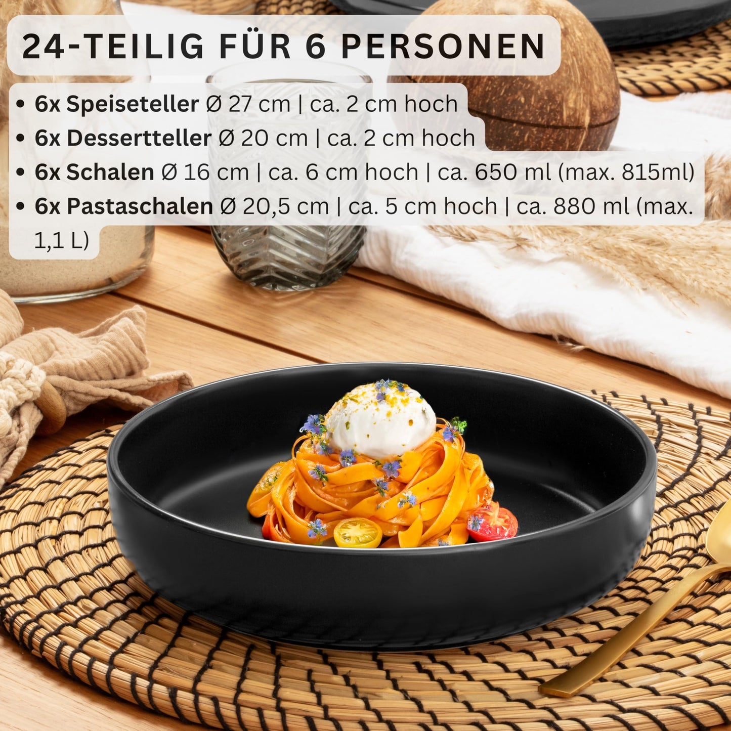 SÄNGER Madeira | Steingut Geschirr Set 18 tlg, Teller Set 6 Personen, Geschirrset 6x Speiseteller 6x Müslischalen 6x Dessertteller, Tafelservice schwarz kratzfest, Essgeschirr matt | VALUE COLLECTION