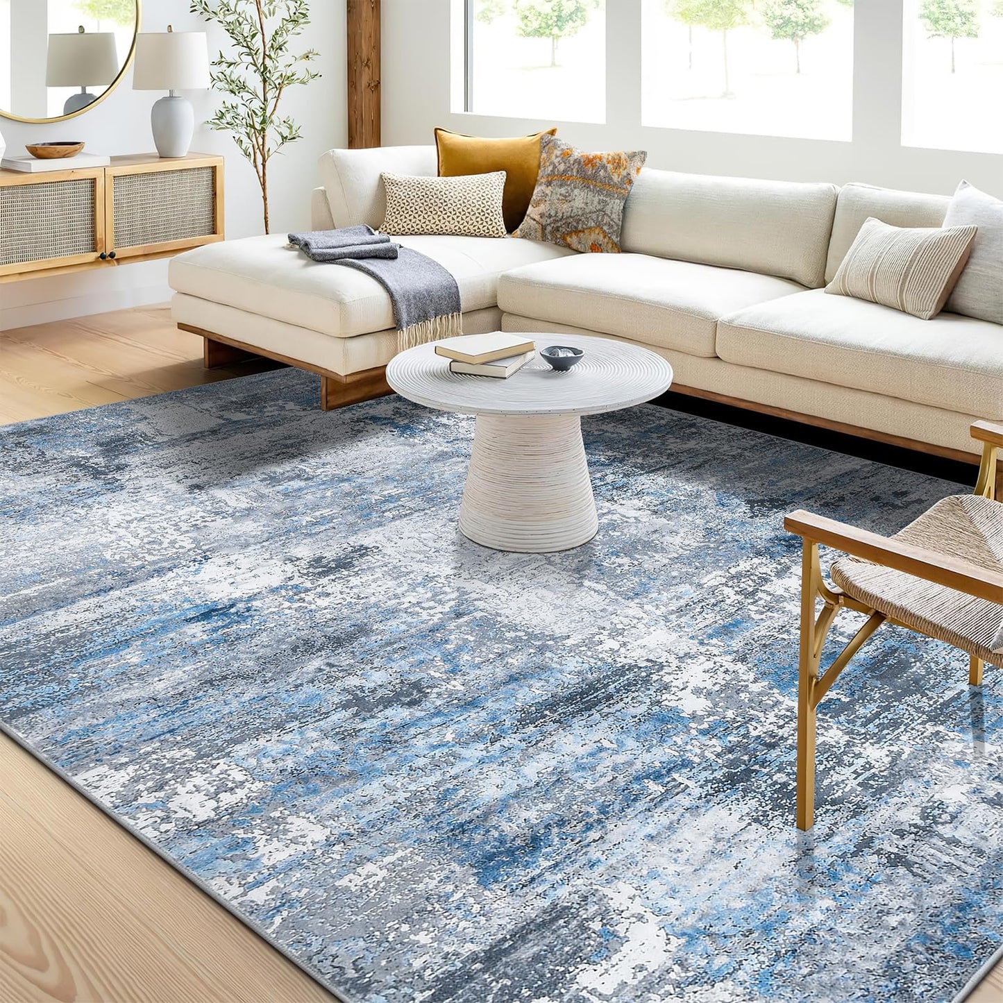 Guchuang Bedding Living Room Rug 140 x 200 cm, Grey Green Rug Vintage Mottled Smudged Design Short Pile Rugs, Washable Non-Slip Rugs for Bedroom