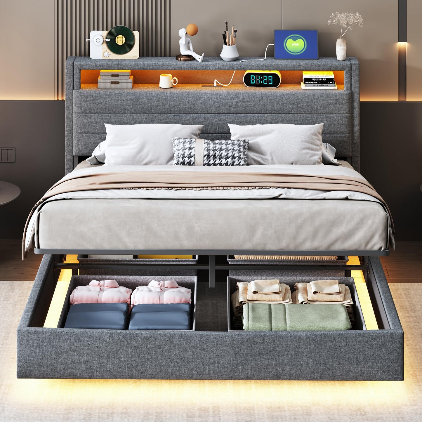 LAKFEW Upholstered Bed 140 x 200 cm, Double Bed Functional Bed with USB Socket and LED Lighting, Hanging Bed Headboard with Concealed Storage Space, Bed Frame Bed with Slatted Frame, Linen, Without